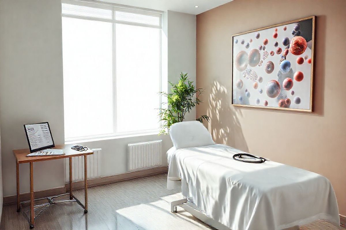 A photorealistic image depicting a serene and well-lit medical consultation room, designed to evoke a sense of calm and professionalism. The room features a sleek, modern examination table draped in crisp white linens, positioned beside a large window that allows natural light to stream in, illuminating the space. On one side of the room, there is a small wooden desk adorned with a stethoscope, a laptop, and a neatly arranged set of medical charts and brochures about Imbruvica.   In the background, a potted plant adds a touch of greenery, symbolizing health and well-being. The walls are painted in soft, soothing colors, creating an inviting atmosphere for patients. A framed artwork depicting abstract representations of blood cells and molecular structures adorns one wall, subtly hinting at the pharmaceutical focus of the space. The overall composition conveys warmth, trust, and a sense of hope for patients undergoing treatment, aligning perfectly with the themes of support and care in cancer therapy.