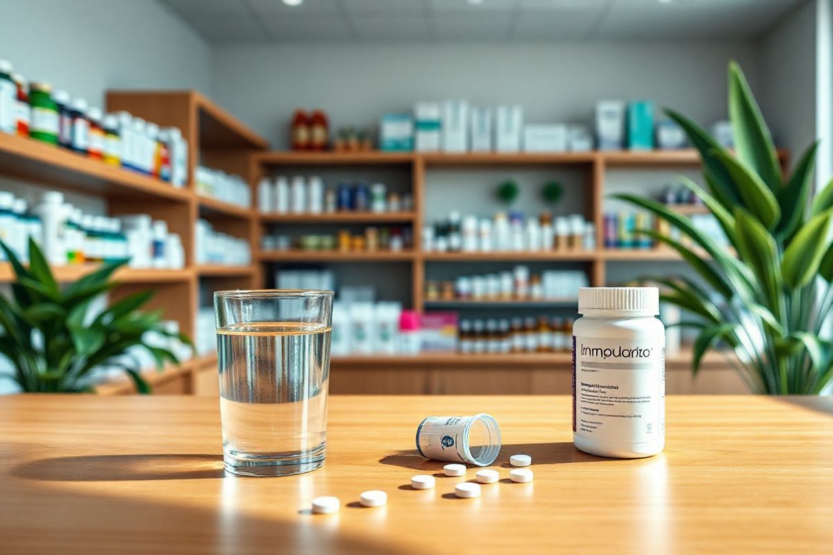 A photorealistic image depicting a serene and inviting pharmacy setting. The interior is well-lit, featuring a clean, organized pharmacy counter made of polished wood. Behind the counter, shelves are stocked with neatly arranged medication bottles and boxes, showcasing a variety of colors and designs. A small display of health supplements, like vitamins and herbal products, is positioned to the side, emphasizing their importance in patient care. In the foreground, a glass of water sits next to an open prescription bottle of Imbruvica, with a few tablets scattered nearby, reflecting the importance of adherence to medication regimens. The background is adorned with soft green plants, adding a touch of tranquility, while a subtle hint of natural light streams in from a window, creating a warm and welcoming atmosphere. The overall composition conveys a sense of safety and professionalism, inviting patients to engage in open communication with their healthcare providers about their medications and health.