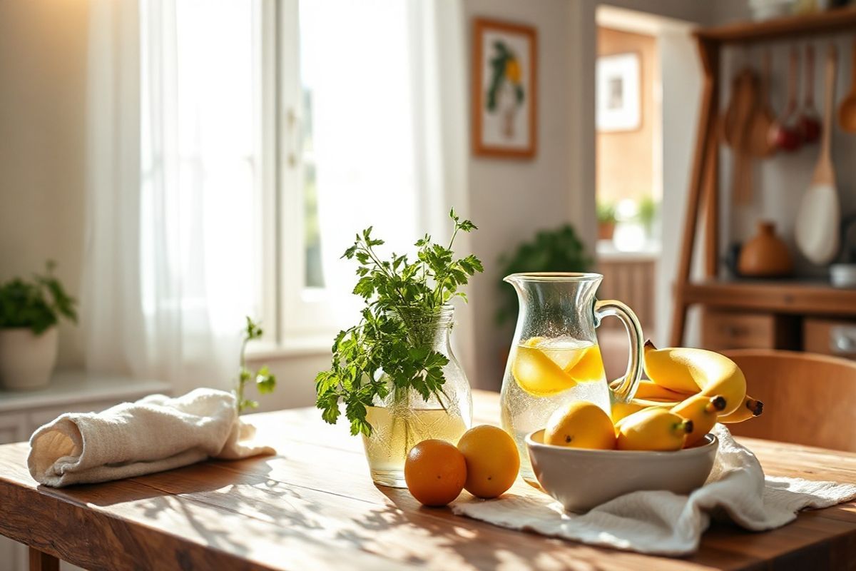 A serene and inviting kitchen scene bathed in warm, natural light filters through a window with sheer white curtains. On a rustic wooden table, a delicate arrangement of fresh herbs—basil, mint, and parsley—sits in a simple ceramic vase, exuding a sense of health and vitality. Nearby, a glass pitcher filled with refreshing lemon-infused water glimmers, reflecting the sunlight. A bowl of ripe bananas and apples rests next to it, symbolizing the BRAT diet for digestive health. Soft, neutral-colored dish towels are casually draped over the table, and a small potted ginger plant adds a touch of greenery. In the background, kitchen utensils hang on a wooden rack, and a hint of a cozy living area can be seen through an open doorway, creating an atmosphere of homeliness and comfort. The overall scene evokes a sense of calm and wellness, encouraging a holistic approach to health and nutrition, making it a perfect visual companion to the discussion about Imodium and natural remedies during pregnancy.