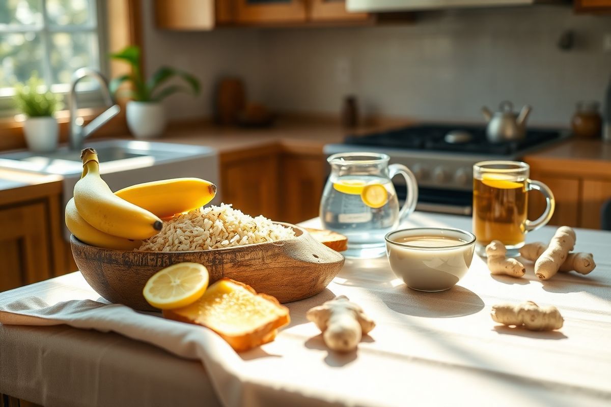 A photorealistic image of a serene kitchen scene, softly illuminated by natural light streaming through a window. The focal point is a wooden table adorned with a rustic bowl filled with ripe bananas, freshly cooked rice, a small dish of applesauce, and slices of golden toast, representing the BRAT diet. In the background, a clear glass pitcher filled with water and lemon slices sits next to a cozy mug of steaming ginger tea. Around the table, a few fresh ginger roots and a small bowl of yogurt with visible probiotic cultures add a touch of warmth and health. The kitchen features warm-toned cabinetry and a subtle green plant on the windowsill, enhancing the inviting atmosphere. A soft, neutral tablecloth gently drapes over the table, harmonizing with the overall aesthetic, while the sunlight casts delicate shadows, creating a tranquil and comforting environment that suggests wellness and care. This image encapsulates the essence of nourishment and natural remedies, making it an ideal visual complement to the themes of health and wellness conveyed in the accompanying text.