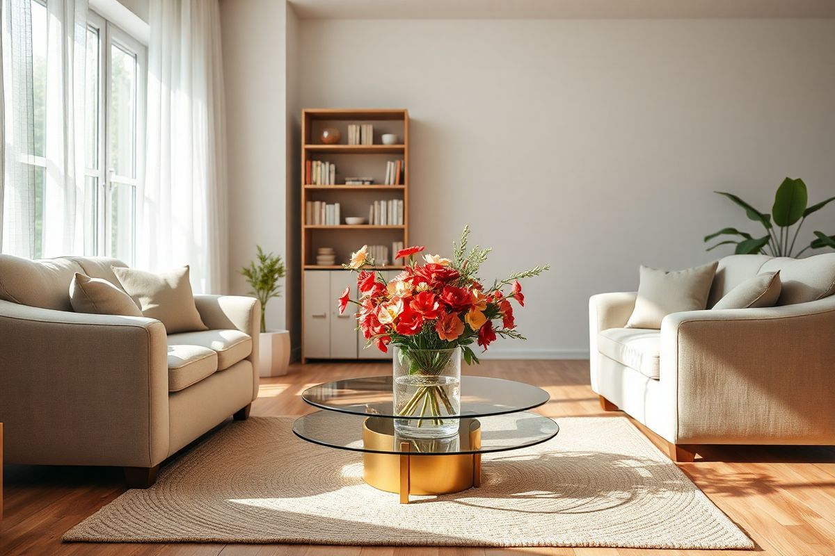 A serene and inviting scene unfolds in a cozy, well-lit living room that exudes warmth and comfort. The focal point is a beautifully arranged coffee table adorned with a cluster of vibrant, fresh flowers in a delicate glass vase, showcasing hues of deep red, soft pink, and bright yellow. Surrounding the table are plush, oversized armchairs upholstered in a soft, muted fabric, inviting relaxation. A large window draped with sheer white curtains allows natural light to filter in, casting gentle shadows on the wooden floor.   In the background, a bookshelf filled with neatly organized books and decorative items adds character to the space. A soft, woven rug in neutral tones anchors the seating area, while a small potted plant sits in the corner, bringing a touch of greenery indoors. The overall ambiance is calm and peaceful, emphasizing the importance of self-care and wellness, reminiscent of a nurturing environment conducive to recovery and healing—a perfect visual representation of comfort and support for individuals dealing with health challenges like iron deficiency anemia.