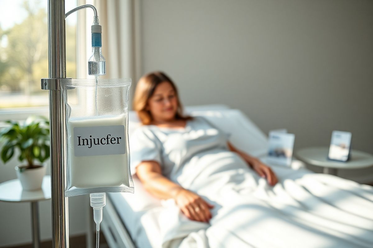 A photorealistic image featuring a serene clinical setting, showcasing a well-lit hospital room. In the foreground, a sleek, modern intravenous (IV) drip stand holds a clear bag labeled “Injectafer,” with a gentle light reflecting off its surface. The background reveals a comfortable hospital bed with crisp white linens, where a patient, a middle-aged woman with a calm expression, is resting. She has soft brown hair, and her arm is gently extended with an IV needle in place, indicating the administration of the treatment. Natural light streams in through a large window, illuminating the room with a warm, inviting glow. A potted plant sits on a nearby windowsill, adding a touch of greenery and life to the environment. On a small bedside table, there are a few medical brochures about iron deficiency anemia and a glass of water, symbolizing the care and attention given to patients. The overall ambiance is one of hope and healing, reflecting the importance of effective medical treatments like Injectafer in improving the quality of life for individuals with iron deficiency anemia.