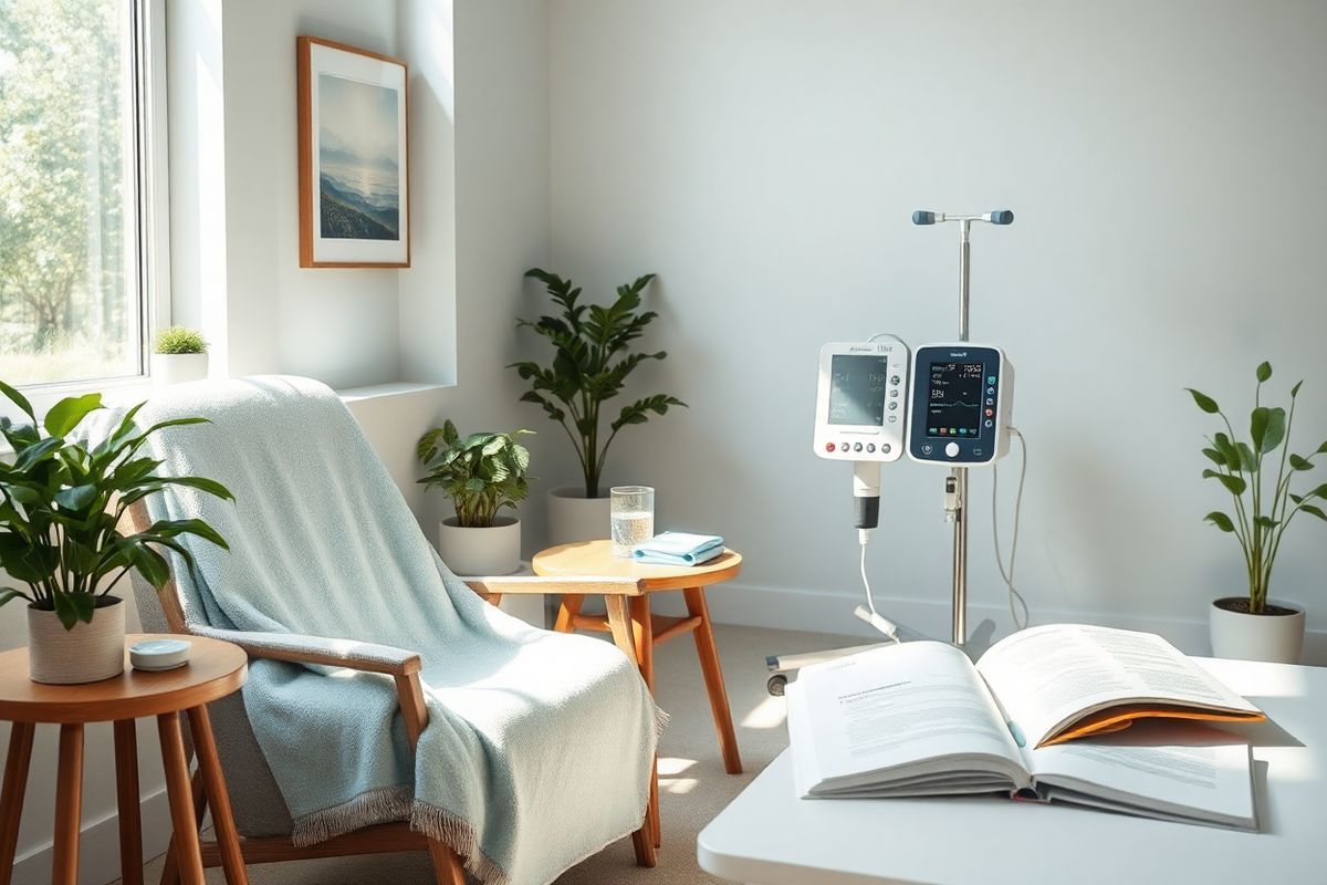 A serene and inviting infusion room bathed in soft, natural light streaming through large windows. The space features a comfortable reclining chair draped with a cozy, light blue blanket, placed next to a small wooden side table adorned with a glass of fresh water and a cool compress. On the wall, subtle artwork depicting calming landscapes enhances the tranquil atmosphere. Potted plants with lush green foliage add a touch of nature, promoting relaxation. In the background, a medical infusion pump stands quietly, its screens displaying gentle, reassuring lights. A small shelf holds neatly arranged over-the-counter antihistamines, emphasizing preparedness. Nearby, a symptom diary rests open, ready for patients to jot down their experiences. The overall color palette is soft and soothing, with cool blues and greens creating a peaceful ambiance, inviting patients to feel at ease as they manage their treatment and mild side effects.