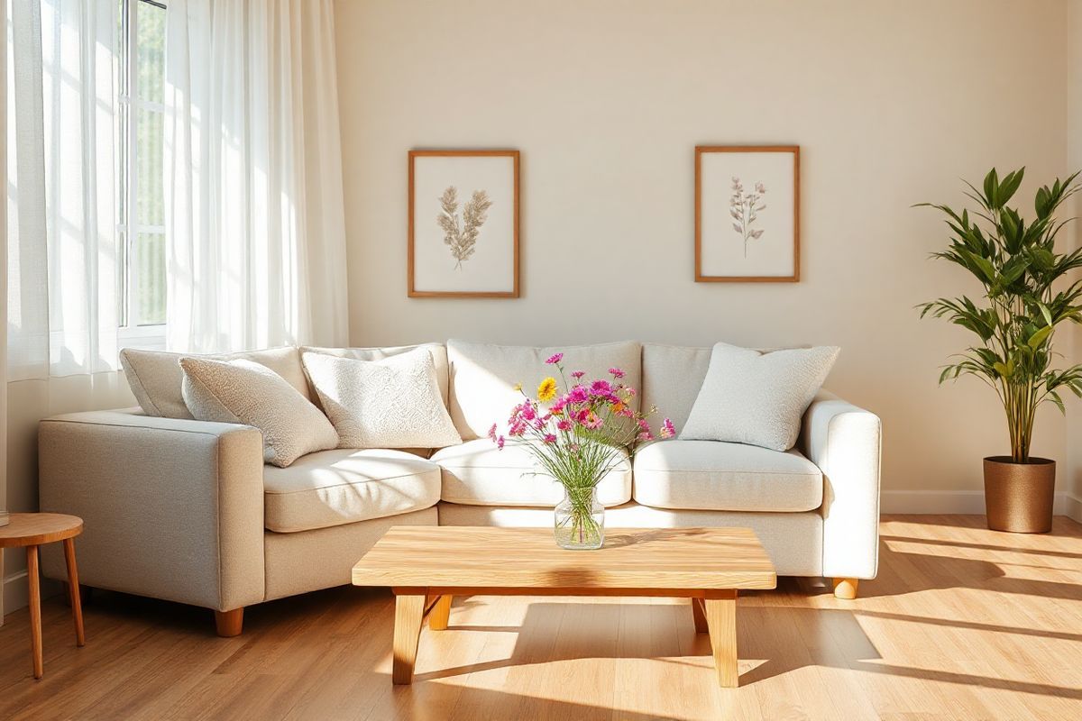 A serene and inviting indoor setting showcasing a cozy living room. The focal point is a plush, light-colored sofa adorned with soft, textured cushions in pastel hues. A wooden coffee table sits in front, featuring a small vase filled with vibrant wildflowers, adding a pop of color and life to the space. A large window allows natural light to flood in, casting gentle shadows on the hardwood floor, while sheer white curtains flutter slightly in a soft breeze. On the walls, framed botanical prints in elegant frames complement the soothing atmosphere. In one corner, a tall indoor plant adds a touch of greenery, enhancing the calming ambiance. The overall color palette is warm and inviting, with soft beige and light greens, creating a tranquil environment that evokes a sense of comfort and relaxation. This setting encapsulates a peaceful retreat, perfect for reflecting on health and well-being, making it an ideal backdrop for discussions on allergic reactions and patient care.