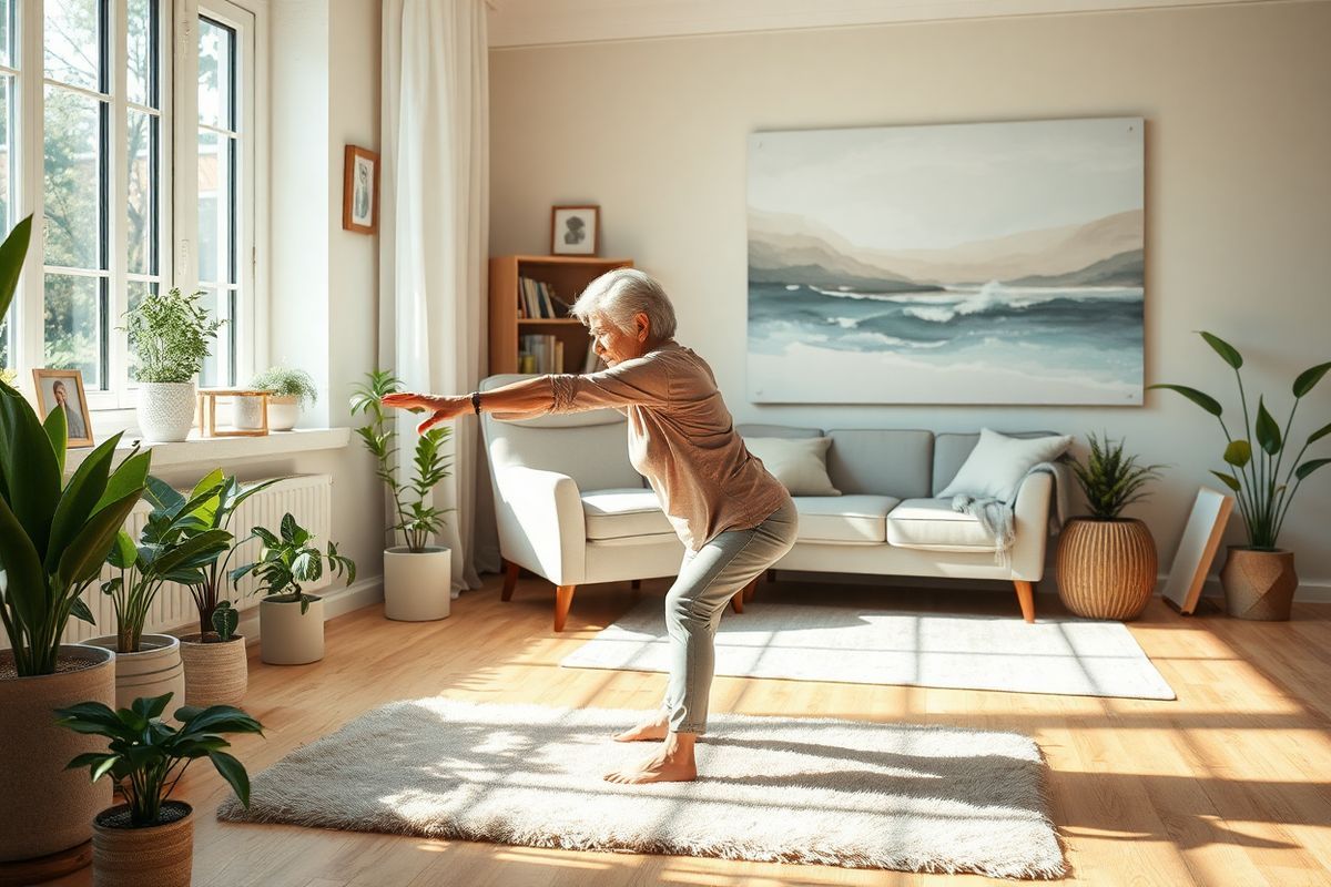 A serene, photorealistic depiction of an older adult in a warm, inviting living room setting. The individual, a Caucasian woman with silver hair, is engaged in gentle stretching exercises on a soft, plush yoga mat, surrounded by natural light streaming in through large windows. The room is adorned with potted plants and framed family photos, creating a cozy atmosphere. In the background, a comfortable armchair is positioned next to a small bookshelf filled with well-loved books. The walls are painted in soft, calming colors, and a large, abstract painting of a peaceful landscape hangs prominently. The wooden floor adds warmth to the scene, and a light, airy curtain gently sways in the breeze, emphasizing a feeling of tranquility and well-being. This image captures the essence of healthy aging, showcasing the importance of physical activity and a supportive environment in managing kyphosis and promoting overall health in older adults.