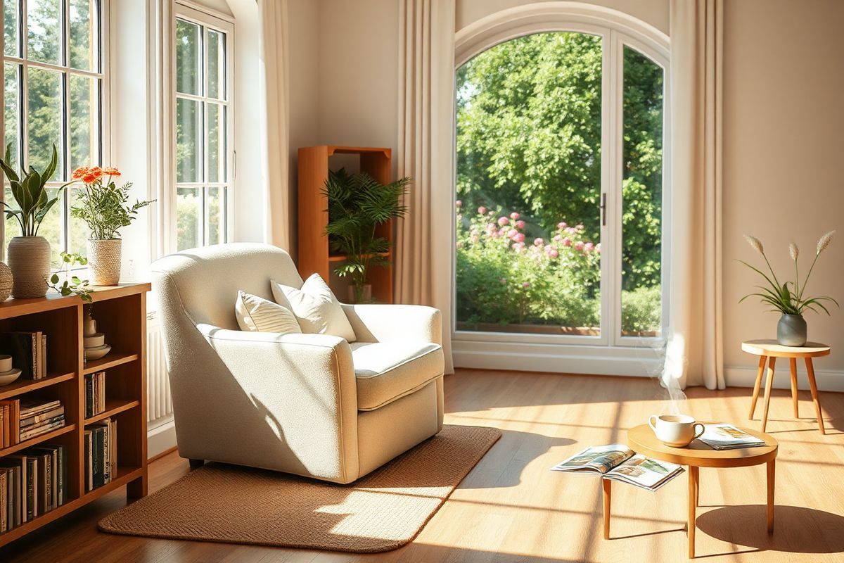 A serene indoor scene featuring an elegant, sunlit living room that embodies warmth and comfort. The focal point is a plush, cream-colored armchair with soft, inviting cushions, positioned near a large window that allows natural light to flood the space. The window offers a view of a lush, green garden outside, showcasing vibrant flowers in full bloom. To the left, a wooden bookshelf filled with neatly arranged books and a few decorative plants adds a touch of nature indoors. A warm, textured rug lies on the polished wooden floor, enhancing the cozy atmosphere. On the right, a small coffee table holds a steaming cup of herbal tea, alongside a couple of health magazines related to aging and wellness. Soft shadows dance across the walls, highlighting the gentle curves of the room’s architecture. The overall color palette consists of soft pastels and earthy tones, creating a peaceful and inviting ambiance, perfect for relaxation and reflection on health and wellness, particularly for older adults managing kyphosis.