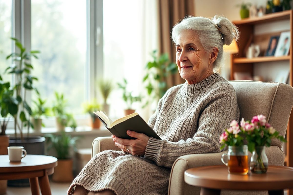 A photorealistic decorative image depicting an elderly person sitting on a comfortable armchair in a warmly lit living room. The individual, a woman with silver hair pulled back in a loose bun, has a gentle smile, exuding a sense of calm and wisdom. She is wearing a cozy, knitted sweater and reading a book, with a soft, patterned throw draped over her lap. In the background, a large window allows soft, natural light to filter in, illuminating the room filled with potted plants and family photographs on the walls. A wooden coffee table nearby holds a steaming cup of herbal tea and a small vase of fresh flowers. The overall ambiance conveys warmth, comfort, and a peaceful moment of reflection, symbolizing the importance of maintaining quality of life and health in older adulthood. The setting reflects a cozy home environment, emphasizing the themes of care, wellness, and the everyday joys of life as one ages gracefully.