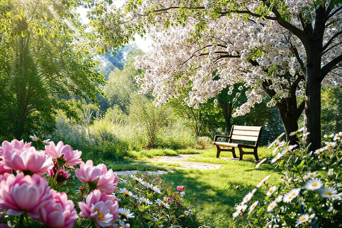 A serene and uplifting photorealistic image captures a tranquil garden scene, embodying hope and renewal for breast cancer survivors. In the foreground, a vibrant array of blooming flowers, including pink peonies and white daisies, symbolize resilience and beauty. A gentle breeze rustles through the leaves of nearby trees, their lush green foliage providing a soothing canopy.   In the background, a soft, sunlit path meanders through the garden, inviting viewers to imagine a journey of healing and reflection. Along the path, a small wooden bench sits beneath a flowering cherry tree, offering a perfect spot for contemplation and emotional support. Sunlight filters through the branches, casting delicate patterns on the ground, enhancing the sense of warmth and comfort.  The overall ambiance of the image conveys a message of tranquility and renewal, representing the journey through remission and the importance of nurturing one’s health and well-being. This picturesque garden scene serves as a reminder of the beauty of life after cancer, encouraging survivors to embrace their new beginning with hope and optimism.