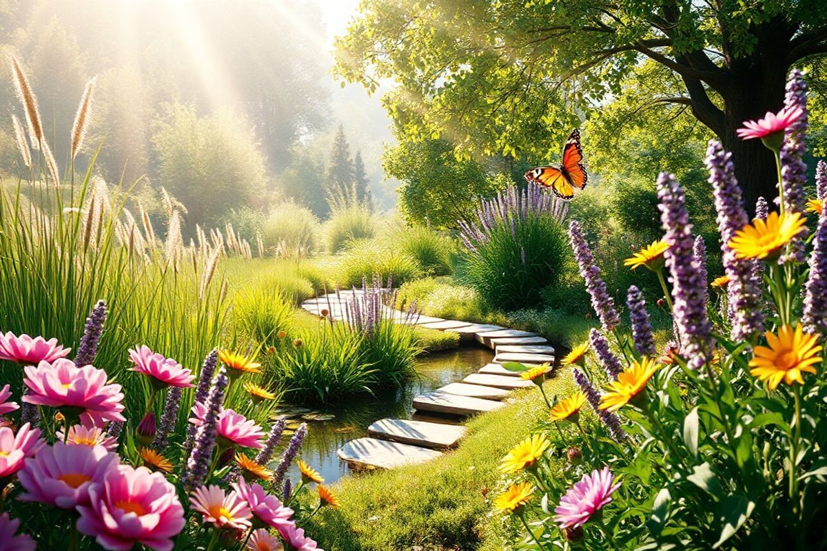 A serene and uplifting scene depicting a sunlit garden filled with vibrant flowers in full bloom, symbolizing hope and renewal. The foreground features a variety of colorful blossoms, such as pink peonies, yellow daisies, and lavender, surrounded by lush green foliage. In the background, a gentle breeze rustles through tall grasses, while a soft, warm sunlight filters through the leaves of a nearby tree, creating dappled patterns on the ground. A winding stone pathway meanders through the garden, inviting the viewer to explore further. To add an element of tranquility, a small, clear pond reflects the surrounding beauty, with a few delicate water lilies floating on its surface. A butterfly flits gracefully from flower to flower, embodying the spirit of transformation and resilience. This photorealistic image captures the essence of growth and healing, providing a sense of peace and optimism for breast cancer survivors as they navigate their journey towards remission and recovery.