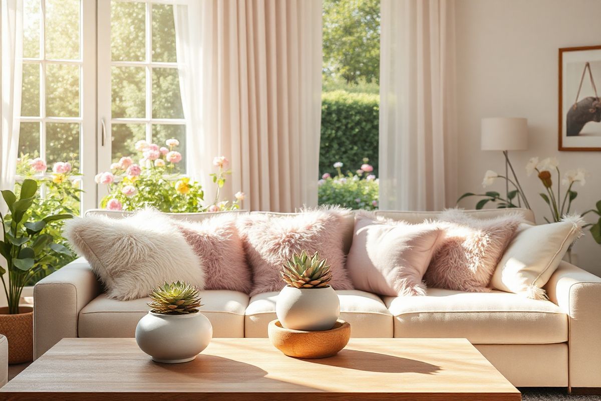 A serene and uplifting scene unfolds in a cozy living room, adorned with soft pastel colors that evoke a sense of calm and hope. In the foreground, a plush, light beige sofa is adorned with an array of fluffy, decorative pillows in shades of blush pink and lavender. A coffee table made of natural wood holds a few artfully arranged succulents in elegant ceramic pots, symbolizing resilience and growth. In the background, a large window allows soft, golden sunlight to pour in, illuminating the space and casting gentle shadows. Through the window, a lush garden filled with blooming flowers in vibrant colors, such as pink, yellow, and white, adds a touch of life and vitality to the scene. Delicate sheer curtains flutter slightly in the breeze, enhancing the feeling of openness and tranquility. On the walls, subtle artwork depicting nature scenes—perhaps a peaceful forest or a blossoming cherry tree—adds to the ambiance of hope and renewal. The overall atmosphere radiates warmth and serenity, making it an ideal visual representation of the journey toward healing and the beauty of life after breast cancer.