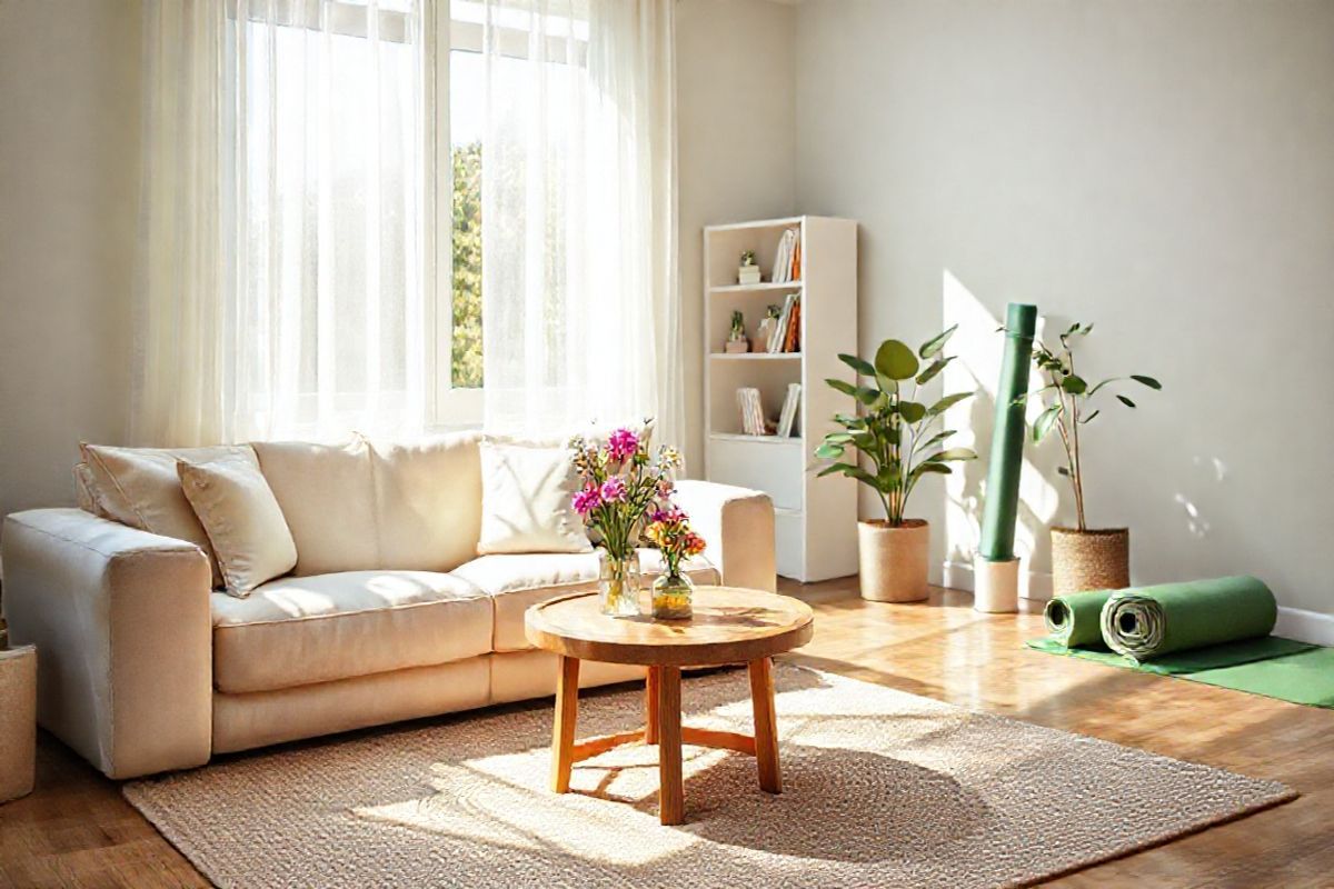 A serene indoor scene captures a sunlit corner of a cozy living room, emphasizing tranquility and comfort. In the foreground, a plush, light-colored sofa adorned with soft, pastel cushions invites relaxation. A round wooden coffee table, featuring a small vase of fresh, vibrant flowers, sits invitingly atop a textured area rug that adds warmth to the ambiance.   Natural light streams through a large window, draped with sheer curtains that gently sway with a soft breeze, casting delicate shadows across the room. In the background, a small bookshelf filled with neatly arranged books and a few personal mementos showcases a sense of calm and introspection.   On one side, a potted green plant adds a touch of nature, symbolizing growth and vitality, while a yoga mat rolled up neatly in the corner hints at mindfulness practices. The overall color palette features soft greens, warm neutrals, and hints of floral colors, creating a peaceful atmosphere. This image embodies a harmonious balance between nature and home, perfectly reflecting the themes of stress management and emotional well-being presented in the text.