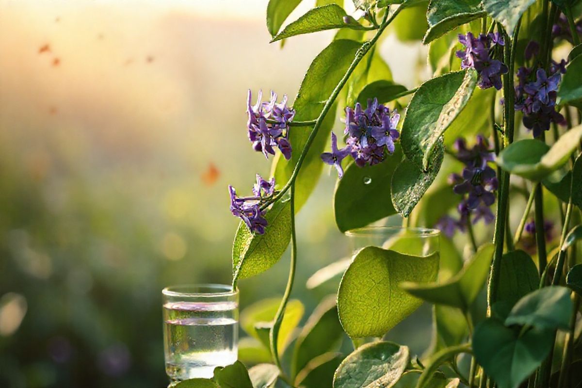 A serene and tranquil scene depicting a close-up of a lush green kidney bean plant, with dewdrops glistening on its delicate leaves in the soft morning light. The background is softly blurred to create a dreamy atmosphere, with hints of a gentle sunrise casting warm golden hues across the sky. Interspersed throughout the plant are clusters of vibrant purple flowers, symbolizing resilience and health. In the foreground, a small, clear glass of water sits beside the plant, representing hydration and nourishment. The overall composition conveys a sense of balance and harmony, evoking feelings of hope and vitality. Subtle hints of nature, such as a few butterflies fluttering in the distance and a gentle breeze ruffling the leaves, enhance the peaceful ambiance. The image is rich in detail, showcasing the textures of the leaves and the delicate petals of the flowers, with soft light creating shadows that add depth. This photorealistic depiction serves as a reminder of the importance of nature, health, and emotional well-being, aligning perfectly with the themes of managing stress and maintaining kidney health.