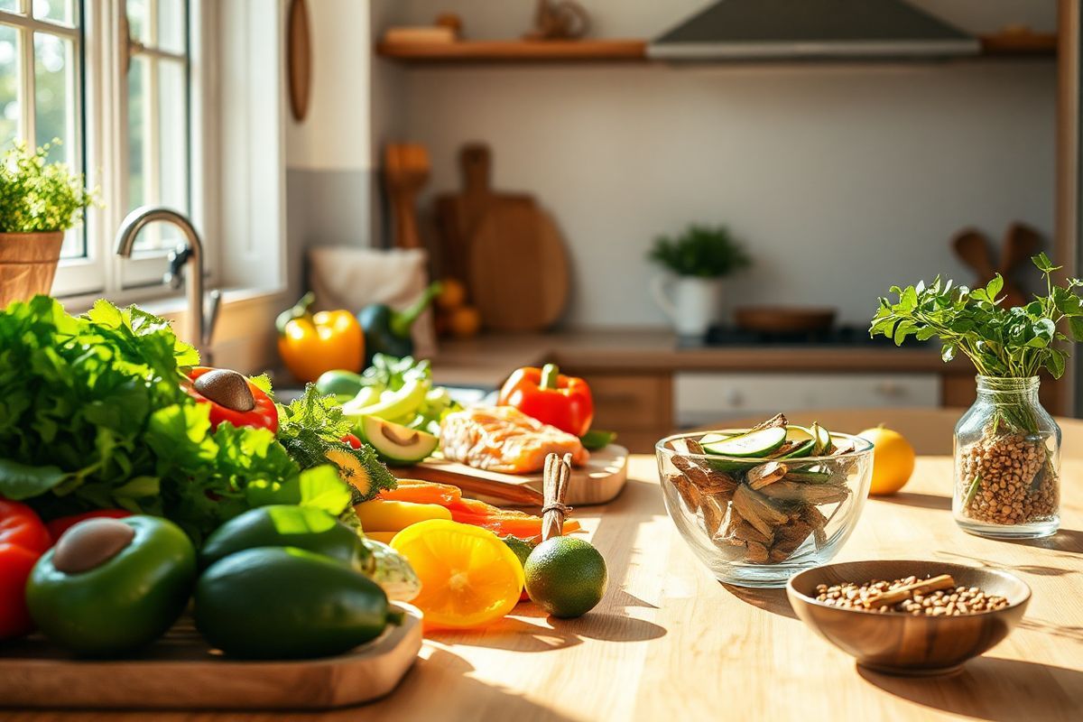 A serene kitchen scene bathed in warm, natural light filtering through a large window. The countertop is adorned with an array of fresh, vibrant fruits and vegetables, including ripe avocados, leafy greens, and colorful bell peppers, showcasing a commitment to healthy eating. In the background, a wooden cutting board holds freshly sliced pieces of salmon, hinting at the inclusion of marine protein in the diet. Nearby, an attractive glass jar filled with cinnamon sticks and a small bowl of bitter melon slices add a touch of herbal remedies. A cozy dining table, set for a meal, features a rustic bowl filled with whole grains and a delicate vase with fresh herbs, enhancing the organic atmosphere. The overall ambiance exudes warmth and tranquility, inviting viewers to embrace a healthier lifestyle through mindful eating and natural ingredients. Soft shadows and highlights create depth, emphasizing the textures of the food and the warmth of the wooden elements in the kitchen, making it a perfect visual representation of wholesome living and blood sugar management.