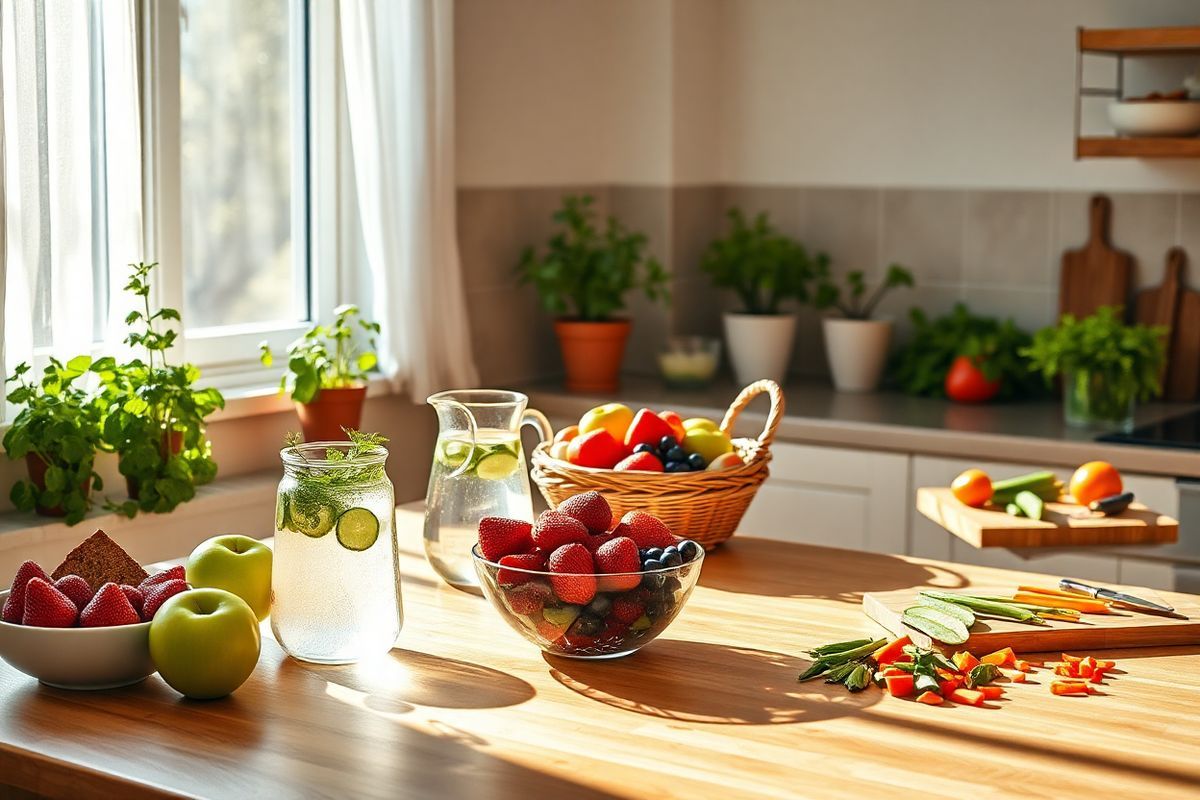 A serene kitchen scene bathed in warm, natural light filters through a large window adorned with sheer white curtains. The focal point is a beautifully arranged wooden dining table, set for a healthy meal. On the table, vibrant bowls of fresh fruits—ripe strawberries, glossy blueberries, and bright green apples—are artfully displayed alongside a rustic basket filled with whole grain bread. A pitcher of infused water, with slices of cucumber and sprigs of mint, adds a refreshing touch.   In the background, leafy potted herbs like basil and rosemary thrive on a sunny windowsill, hinting at a commitment to home-cooked meals. The countertops are neatly organized, showcasing a cutting board with chopped vegetables—colorful bell peppers, carrots, and leafy greens—ready for a nutritious stir-fry.   The overall ambiance is inviting and calm, reflecting a balanced lifestyle. Soft shadows play across the surfaces, creating a sense of tranquility and warmth, while the harmonious color palette of earthy tones and vibrant greens promotes a feeling of health and well-being, perfectly complementing the themes of blood sugar management and mindful eating.