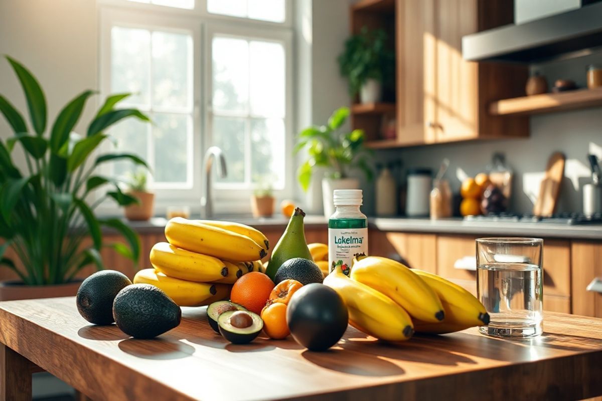 A photorealistic image showcasing a serene and inviting kitchen scene, bathed in warm, natural light filtering through a large window. The focal point is a beautifully arranged wooden table featuring a variety of fresh fruits, particularly vibrant potassium-rich bananas and avocados, symbolizing dietary considerations for those managing potassium levels. In the background, a well-organized countertop displays a bottle of Lokelma, its sleek design subtly hinting at medication management. The kitchen is adorned with lush green plants, creating an atmosphere of health and vitality. Soft shadows cast by the sunlight enhance the textures of the wooden table and fruits, while a glass of water sits nearby, emphasizing the importance of hydration. The overall ambiance conveys a sense of balance, wellness, and mindful living, making it an ideal visual accompaniment to the discussion of Lokelma and its interactions with lifestyle choices.