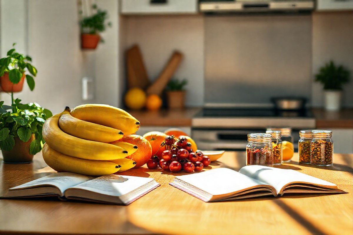 A photorealistic image depicting a serene and inviting kitchen setting bathed in warm, natural light. The focal point is a polished wooden countertop adorned with fresh, vibrant fruits, including bananas, oranges, and a cluster of cherries, symbolizing potassium-rich foods. In the background, a sleek, modern stove is partially visible, hinting at the preparation of a healthy meal. On the wall, there are subtle hints of greenery with potted herbs like basil and parsley, emphasizing a wholesome lifestyle. The scene is complemented by delicate glass jars filled with colorful spices, showcasing a mix of culinary elements that promote health and wellness. Soft shadows dance across the countertop, creating depth and warmth, while a small cookbook lies open, inviting viewers to explore nutritious recipes. The overall ambiance is peaceful and harmonious, inspiring a sense of mindfulness about dietary choices and health management, perfectly aligning with the themes of medication management and dietary awareness in the context of Lokelma.