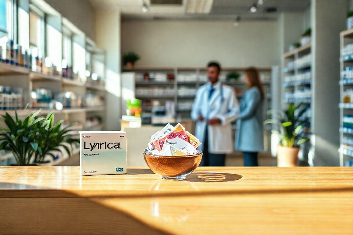 The image showcases a serene pharmacy interior, bathed in soft, natural light filtering through large windows. The shelves are neatly stocked with various pharmaceutical products, with a prominent display of Lyrica and its generic counterpart, Pregabalin, highlighted in an elegant arrangement. A wooden countertop with a polished surface serves as the focal point, featuring a small, stylish bowl of colorful discount coupons and a sleek discount card prominently positioned for visibility. In the background, a friendly pharmacist is seen interacting with a patient, conveying a sense of trust and care. The walls are adorned with calming pastel colors, and a few potted plants add a touch of greenery, enhancing the inviting atmosphere. A subtle reflection of the products and the pharmacist can be seen on the countertop, adding depth to the scene. The overall composition exudes a feeling of warmth, accessibility, and professionalism, perfectly capturing the essence of a supportive environment for patients seeking affordable medication options.