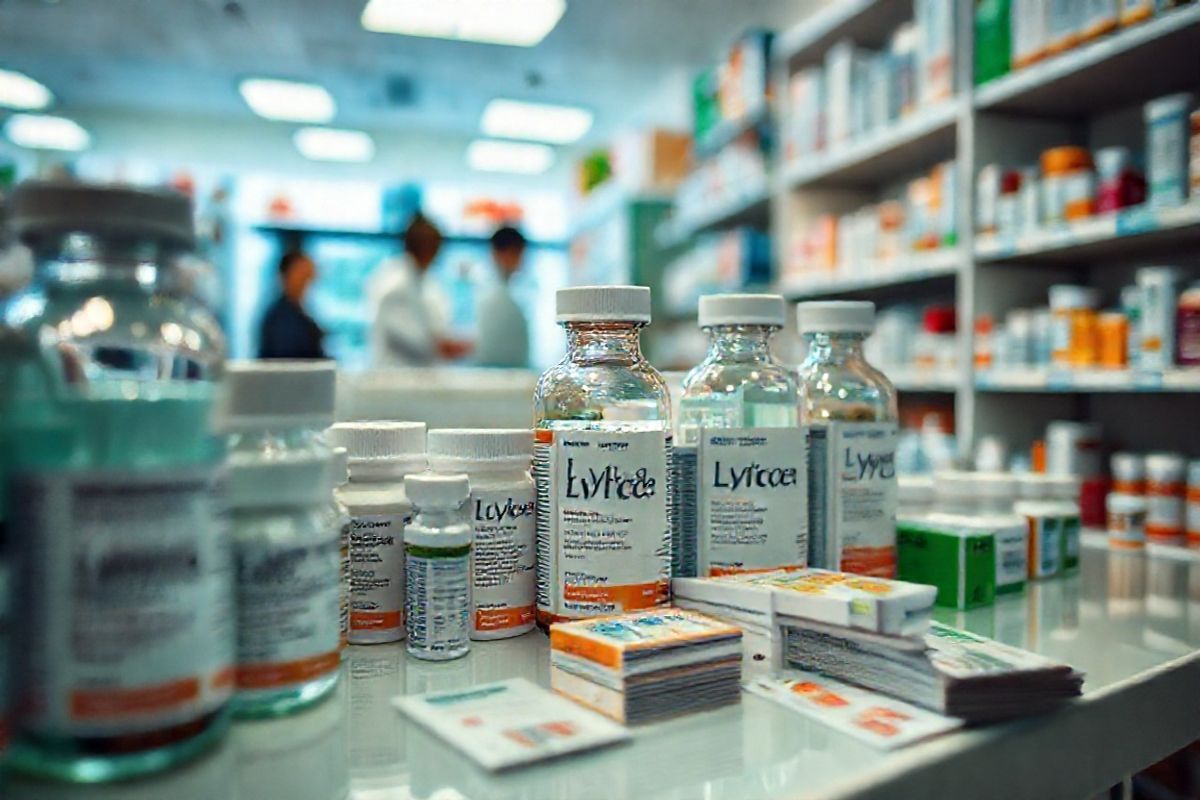 A close-up view of a beautifully arranged pharmacy shelf filled with various prescription bottles and boxes, showcasing Lyrica prominently among them. The bottles are labeled with clear, crisp details, capturing the essence of a well-stocked pharmacy. Soft, warm lighting illuminates the scene, creating a welcoming atmosphere. In the background, faintly blurred images of customers engaging with pharmacy staff add a sense of community and support. On the counter, a small stack of discount cards and coupons can be seen, hinting at the cost-saving options available to patients. The overall color palette is a blend of calming blues and greens, with hints of white and orange, evoking a sense of trust and reliability. The image should convey a feeling of hope and accessibility, emphasizing the importance of affordable healthcare options for individuals seeking treatment.