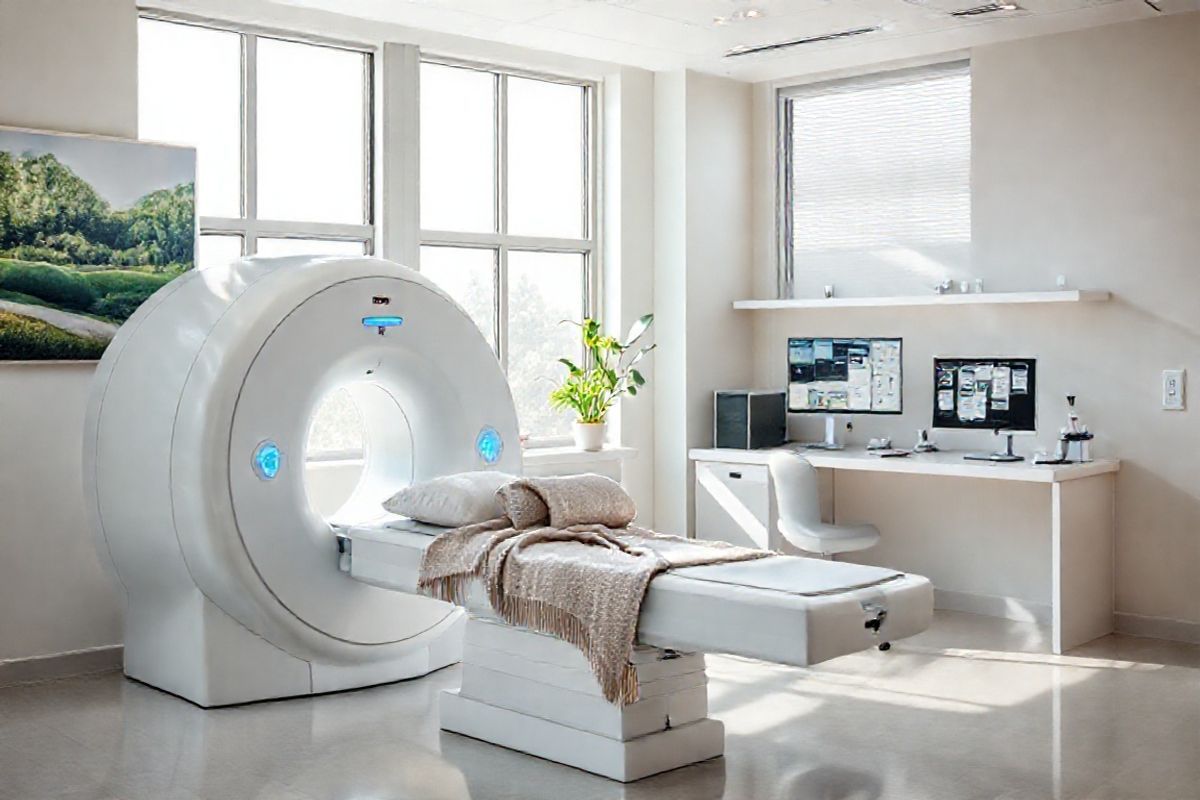 A photorealistic image depicting a serene and inviting healthcare environment for lung cancer screening. The scene features a bright, modern examination room with large windows allowing natural light to flood in. In the foreground, a low-dose CT scanner is elegantly designed, showcasing sleek lines and a gentle color palette that promotes a calming atmosphere. Soft, neutral-toned walls are adorned with tasteful artwork depicting nature scenes, such as lush green landscapes or tranquil seascapes, enhancing the feeling of tranquility. A comfortable examination table is positioned beside the scanner, topped with a cozy throw blanket and plush pillows for patient comfort.   In the background, there is a well-organized medical workspace with various medical tools and a computer displaying charts and health information, symbolizing a blend of advanced technology and compassionate care. A potted plant sits on a window sill, adding a touch of greenery and life to the room. The overall ambiance conveys hope and reassurance, emphasizing the importance of early detection and patient well-being in the journey of lung cancer screening.