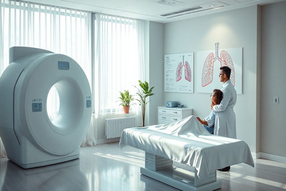 A photorealistic image depicting a serene and inviting healthcare setting focused on lung cancer screening. The scene showcases a well-lit, modern medical examination room, featuring a comfortable examination table draped in crisp white linens. A low-dose CT (LDCT) machine is prominently displayed, its sleek design emphasizing advanced technology. Soft natural light filters through large windows adorned with sheer curtains, creating a calm atmosphere. On a nearby wall, a large anatomical chart of the human lungs provides educational value, while a small potted plant adds a touch of warmth and life to the space. In the background, a healthcare professional, clad in a white lab coat, is seen discussing screening options with a patient, who appears engaged and reassured. The color palette is soothing, with soft blues and greens, reflecting a sense of hope and comfort. This image captures the essence of early detection and intervention in lung cancer care, emphasizing the importance of a supportive environment for patients seeking screening.