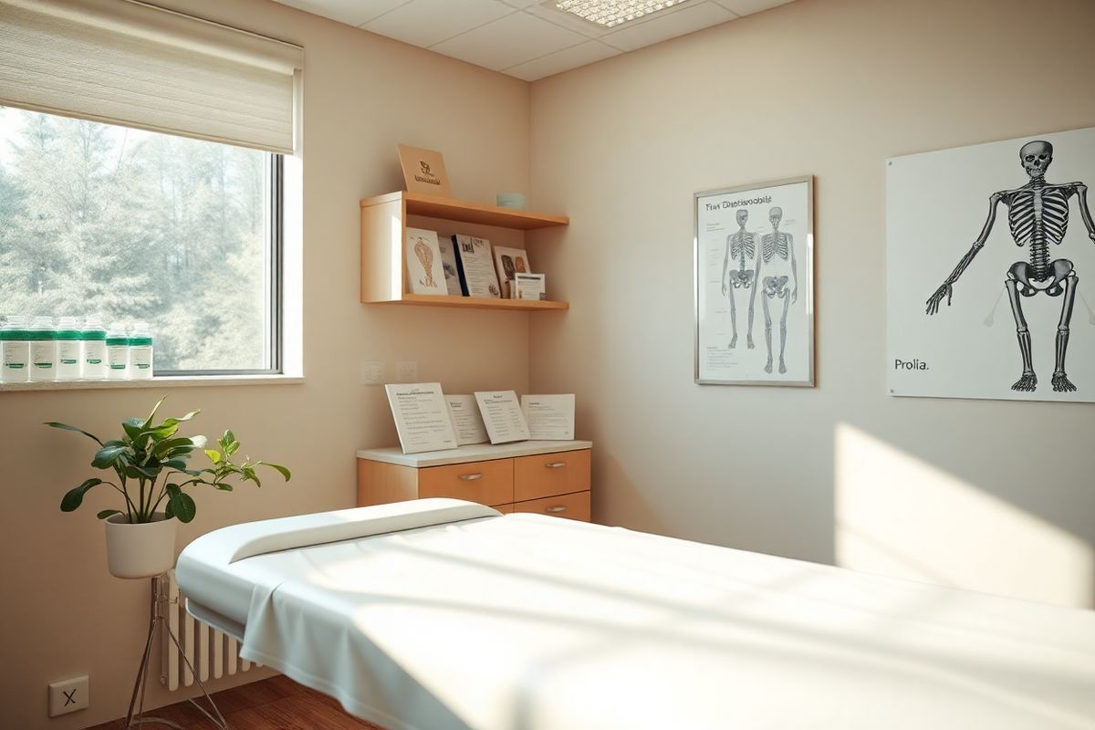 A serene medical office setting is depicted, featuring a softly lit room with warm, neutral tones. In the foreground, a sleek, modern examination table is adorned with a crisp white sheet, hinting at a welcoming environment for patients. Wall-mounted shelves display an array of neatly organized medical supplies, including syringes, vials, and informational pamphlets about osteoporosis treatments. To the side, a large window allows natural light to filter in, illuminating a small potted plant that adds a touch of greenery and life to the space. On the wall, a framed anatomical poster of the human skeletal system serves as a subtle educational element. The atmosphere conveys professionalism and care, suggesting a space where patients can feel comfortable discussing their health needs and treatment options, particularly regarding Prolia and osteoporosis management. The overall composition is inviting and clean, emphasizing the importance of medical care and patient-provider interaction in a calming environment.