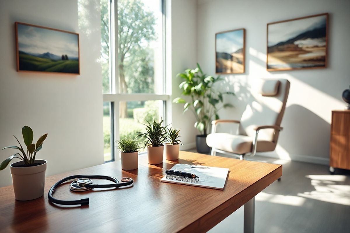 A serene, photorealistic image captures a tranquil doctor’s office setting bathed in soft, natural light. In the foreground, a polished wooden table is neatly arranged with a few essential medical tools: a stethoscope, a prescription pad, and a sleek pen. Surrounding the table are potted plants, adding a touch of greenery and life to the room. In the background, a comfortable examination chair with soft, inviting upholstery sits against a wall adorned with calming artwork depicting landscapes and nature scenes. A large window reveals a view of a peaceful garden outside, where sunlight filters through lush trees, creating dappled shadows on the floor. The overall atmosphere conveys a sense of warmth and professionalism, inviting patients to feel relaxed and secure as they discuss their treatment options. The image encapsulates the essence of healthcare, emphasizing the importance of communication and care in a modern medical environment.