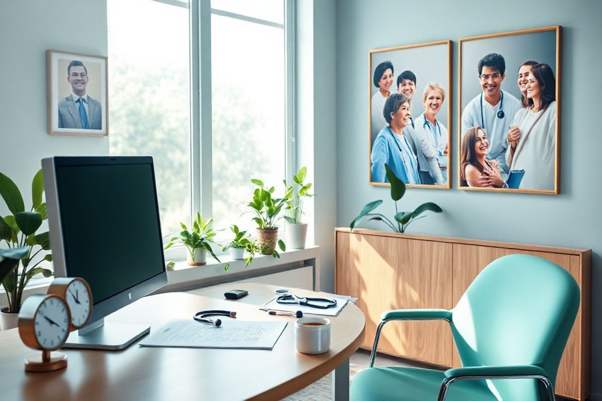 A serene medical office setting, featuring a well-organized desk with a computer, medical charts, and a stethoscope neatly placed on the surface. In the background, a large window allows soft natural light to filter in, illuminating potted plants that add a touch of greenery to the space. On the walls, framed images of diverse patients smiling and engaging in consultations with healthcare providers convey a sense of hope and support. A comfortable chair is positioned next to the desk, suggesting a welcoming atmosphere for discussions about treatment plans. Subtle details, such as a clock showing a friendly time and a coffee cup resting on the edge of the desk, enhance the warm, inviting ambiance. The overall color palette consists of soothing blues and greens, promoting a sense of calm and trust, making it an ideal visual representation of the supportive environment for prostate cancer patients navigating their Medicare options.