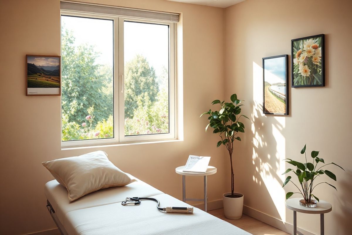 A serene and inviting healthcare setting is depicted, featuring a cozy examination room bathed in warm, natural light. The room is adorned with soft, neutral-colored walls and a window showcasing a peaceful garden outside, filled with lush greenery and vibrant flowers. In the foreground, a comfortable examination table with a soft, inviting pillow is placed against the wall, accompanied by a small side table holding a stethoscope and a medical chart. On the walls, there are framed photographs of healthy landscapes, emphasizing a calming atmosphere. A potted plant sits in the corner, adding a touch of nature to the space. The overall ambiance is designed to evoke a sense of comfort and reassurance, reflecting the compassionate care that prostate cancer patients might seek as they navigate their treatment options. The image captures the essence of hope and healing, making it a perfect visual companion to the informative content about Medicare and prostate cancer treatments.