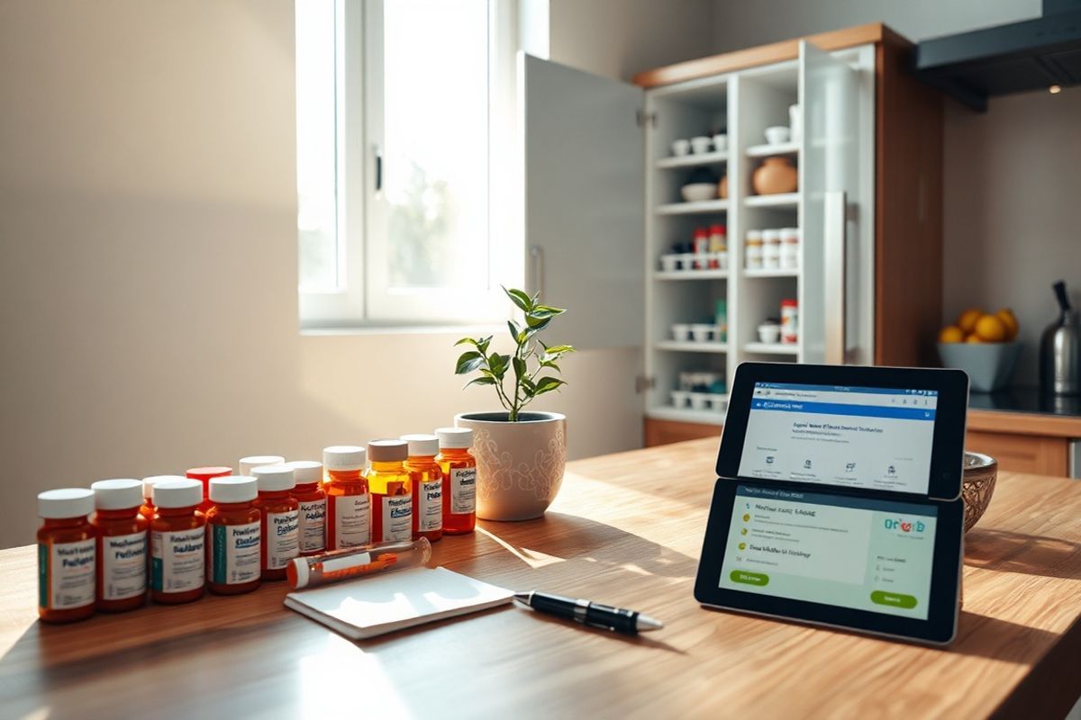 A serene and inviting scene unfolds in a well-lit kitchen, where a wooden countertop is adorned with an array of vibrant medication bottles, neatly organized and color-coded. The sunlight streams through a window, casting a warm glow over the scene, highlighting a small potted plant, symbolizing health and vitality. In the background, a sleek, modern medicine cabinet is partially open, revealing additional neatly arranged prescription medications. A decorative bowl filled with fresh fruits sits nearby, emphasizing the importance of a balanced lifestyle. On the countertop, a notepad and pen lie ready for jotting down important health notes, while a digital tablet displays a Medicare Part D plan webpage, subtly hinting at the financial management of healthcare. The overall ambiance of the kitchen is calm and nurturing, inviting viewers to reflect on the importance of managing health and medication. The image conveys a sense of proactive health management, blending the elements of medication, nourishment, and technology seamlessly, creating a harmonious environment that encourages wellness and mindful living.