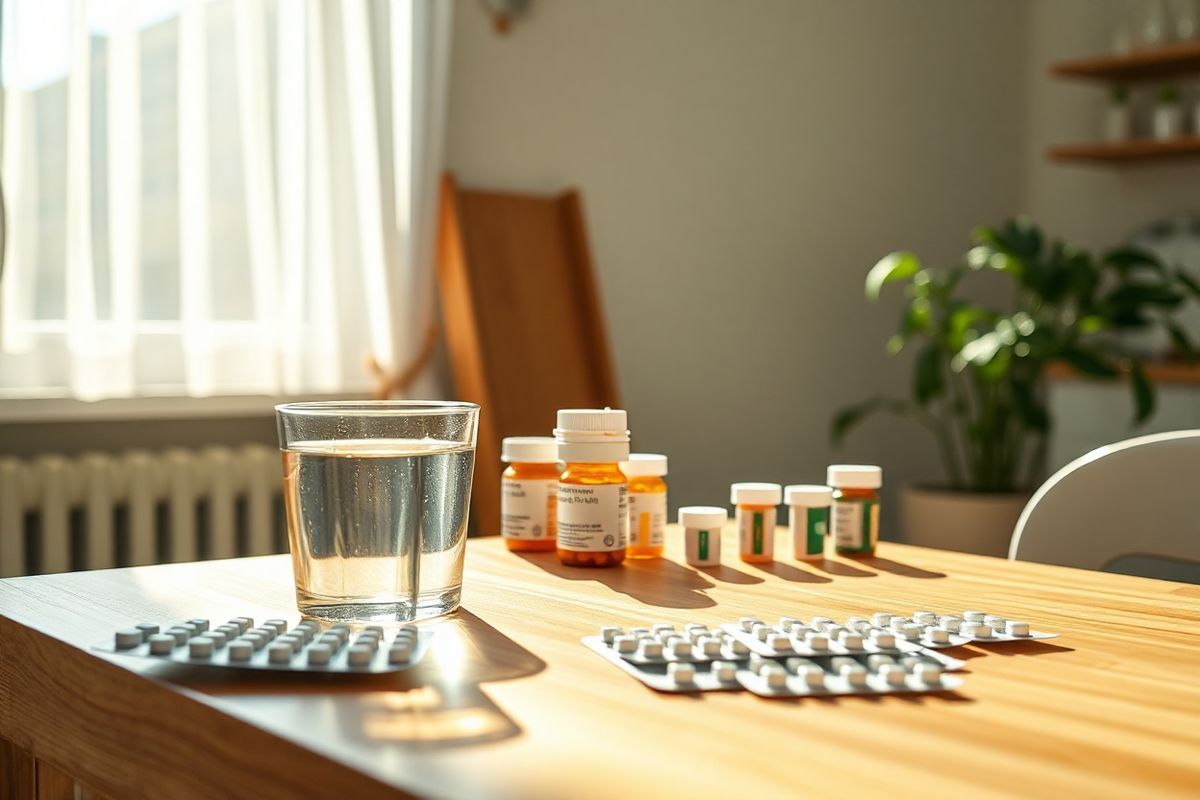 A photorealistic image of a serene home setting that conveys the theme of self-administered medications. The scene features a cozy, sunlit kitchen with a wooden table at the center. On the table, there is a neatly organized array of prescription bottles and blister packs containing various oral medications, symbolizing self-care and health management. A glass of water sits nearby, reflecting soft sunlight streaming through a window adorned with sheer curtains that gently billow with a light breeze. In the background, a potted plant adds a touch of greenery, symbolizing vitality and well-being. The overall atmosphere is warm and inviting, evoking a sense of calm and responsibility in managing one’s health at home. The color palette includes soft greens, warm browns, and gentle whites, enhancing the comforting and soothing feel of the space.