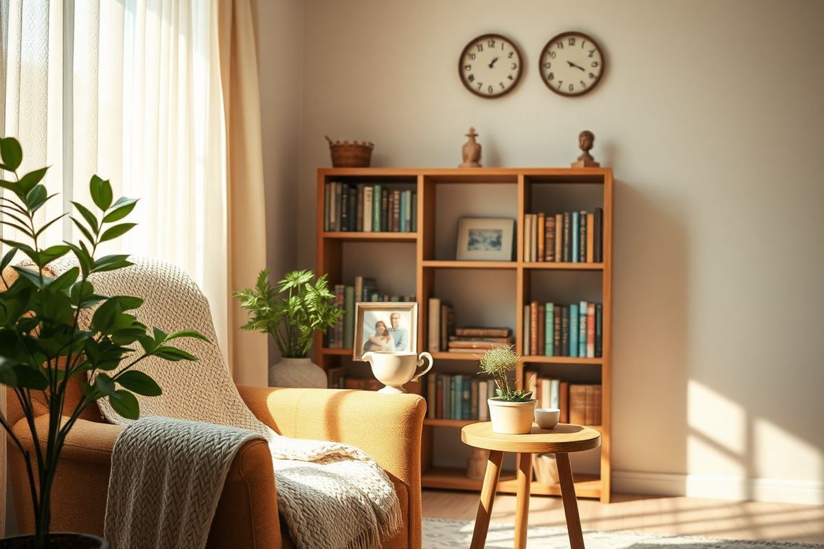 A serene and inviting living room scene, softly illuminated by warm, natural light streaming through sheer curtains. In the foreground, a comfortable armchair adorned with a cozy knitted blanket sits next to a small wooden side table, which holds a steaming cup of tea and a framed family photo. A lush green plant in a decorative pot adds a touch of life to the space. In the background, a bookshelf filled with well-loved books and a few decorative items, such as a globe and a small sculpture, creates a sense of warmth and knowledge. The walls are painted in soft pastel tones, enhancing the calming atmosphere. A vintage clock hangs on the wall, symbolizing the passage of time, while a gentle breeze rustles the curtains, suggesting a moment of tranquility amidst the challenges of caregiving. This image captures the essence of home, comfort, and the importance of family connections, making it a perfect visual companion to the discussion on Alzheimer’s care and the support systems surrounding it.