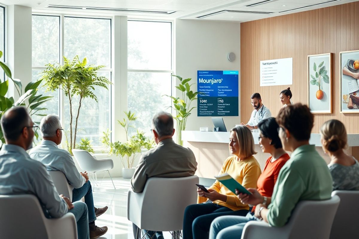 A photorealistic image depicting a serene and modern healthcare setting. In the foreground, a diverse group of patients—men and women of various ethnicities—are seated in a well-lit waiting area, engaged in quiet conversation or reading. The background features a sleek reception desk with a friendly healthcare professional assisting another patient. Sunlight filters through large windows adorned with lush green plants, creating a warm and inviting atmosphere. On the walls, there are tasteful artworks that evoke a sense of calm and encouragement, symbolizing health and wellness. The overall color palette is soft and soothing, with light blues and greens dominating the scene. In one corner, a digital display shows the names of various medications, including Mounjaro, illustrating the focus on diabetes management. The image captures the essence of hope and collaboration within the healthcare journey, emphasizing the importance of supportive environments for patients navigating their treatment options. The composition conveys a sense of community and understanding, highlighting the shared experiences of individuals on their path to effective diabetes treatment through step therapy.