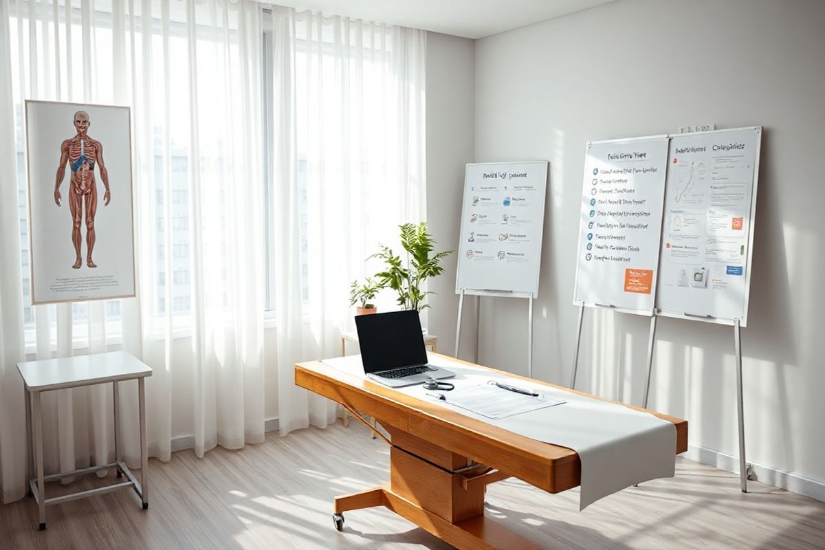 A photorealistic image depicting a serene medical consultation room. The room features soft, natural lighting streaming through large windows adorned with sheer white curtains, allowing gentle sunlight to illuminate the space. In the center, a wooden examination table is neatly made with a crisp white paper covering. Nearby, a modern desk holds a laptop and an open medical chart, with a stethoscope casually placed beside it. On the walls, framed anatomical posters of the human body and healthy lifestyle infographics provide a sense of professionalism and health awareness. A potted plant in the corner adds a touch of greenery, symbolizing growth and healing. In the background, a whiteboard displays a checklist of treatment options, emphasizing the thoughtful and personalized approach to patient care. The overall ambiance is calming and inviting, encouraging open communication between the patient and healthcare provider, reflecting the importance of tailored healthcare solutions and the advocacy for timely access to effective treatments like Mounjaro.