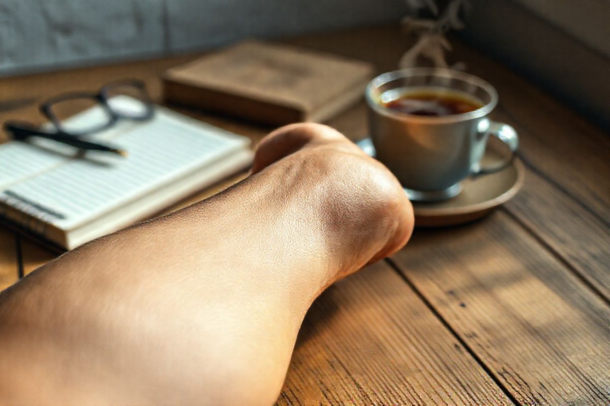 A close-up, photorealistic image of a human elbow resting on a rustic wooden table, with the elbow slightly bent to highlight the cubital tunnel area. The skin tone is warm, showcasing fine details like subtle veins and textures. In the background, softly blurred, are elements of a cozy workspace: a notebook, a pair of reading glasses, and a steaming cup of herbal tea, suggesting a moment of relaxation. The lighting is soft and natural, casting gentle shadows that accentuate the contours of the elbow and forearm. The focus is on the medial aspect of the elbow, where the ulnar nerve is located, with an artistic touch that conveys both the beauty of the human form and the complexity of the anatomy. The overall atmosphere is calm and inviting, evoking a sense of mindfulness and awareness of body health, resonating with the themes of cubital tunnel syndrome and its symptoms.