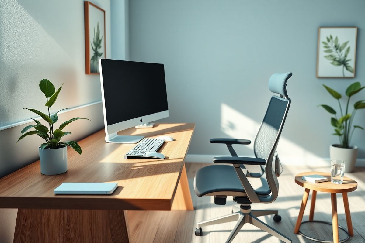 A photorealistic image depicting a serene and calming workspace designed for ergonomic comfort and health. The scene features a sleek wooden desk with a modern computer setup, including a keyboard and mouse positioned at an optimal angle for wrist support. A stylish wrist splint rests beside a potted plant, symbolizing healing and care for Carpal Tunnel Syndrome. In the background, a soft, ambient light filters through a large window, casting gentle shadows across the room. The walls are adorned with subtle artwork reflecting nature, promoting tranquility. A comfortable ergonomic chair, designed to support proper posture, is positioned at the desk, inviting the viewer to sit and work comfortably. The color palette consists of soft blues and greens, evoking a sense of calmness, while the textures of natural wood and fabric enhance the warmth of the space. A small side table holds a glass of water and a notebook, suggesting a space for breaks and reflection. Overall, the image captures a harmonious blend of functionality and aesthetic appeal, emphasizing the importance of a supportive environment for preventing and managing conditions like Carpal Tunnel Syndrome.