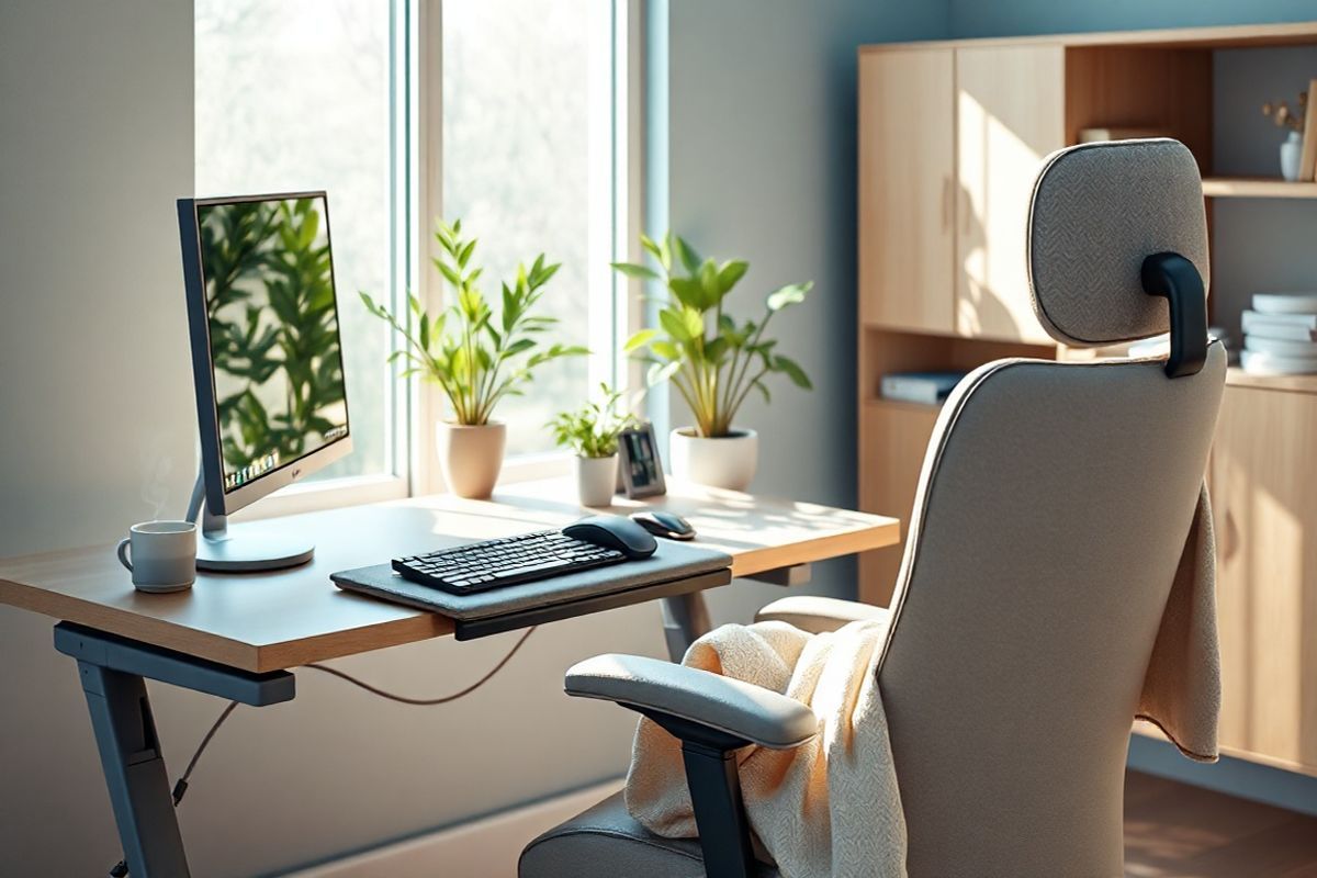 A photorealistic image depicting a serene and inviting workspace designed to prevent Carpal Tunnel Syndrome. The scene features an ergonomic desk adorned with a sleek, modern computer setup, including a high-resolution monitor positioned at eye level. A comfortable keyboard and mouse are positioned on a soft, cushioned wrist rest, showcasing proper alignment. The workspace is bathed in soft, natural light streaming through a large window, illuminating a lush, green plant that adds a touch of tranquility. Adjacent to the desk, a plush ergonomic chair is designed for optimal lumbar support, while a neatly organized array of office supplies sits within easy reach, promoting an efficient workflow. The background reveals a calming color palette of soft blues and warm neutrals, creating a harmonious environment. Subtle details, like a steaming cup of herbal tea and a cozy blanket draped over the chair, enhance the inviting atmosphere, encouraging relaxation and focus. This image embodies a proactive approach to wrist health, blending aesthetics with functionality to inspire individuals to prioritize their well-being in a workspace setting.