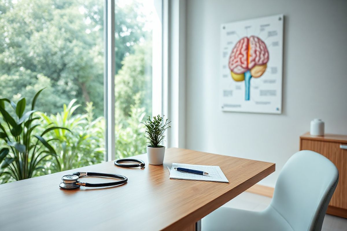 A photorealistic image depicting a serene and tranquil setting in a well-lit doctor’s office. The focal point is a sleek, modern wooden desk adorned with a stethoscope, a small potted plant, and a neatly organized notepad with a pen. In the background, a large window offers a view of a lush green garden, allowing natural light to filter softly into the room. On the wall, a colorful anatomical poster of the human brain is visible, emphasizing the neurological aspect of treatment. A comfortable chair sits opposite the desk, inviting patients to engage in conversation. Subtle, calming colors like soft blues and gentle greens create a soothing atmosphere, while the overall composition conveys a sense of professionalism and care in a healthcare environment. The absence of any text or distractions ensures that the focus remains on the elements that symbolize patient health and well-being, making it a perfect complement to the themes of medication management and patient education discussed in the accompanying article.