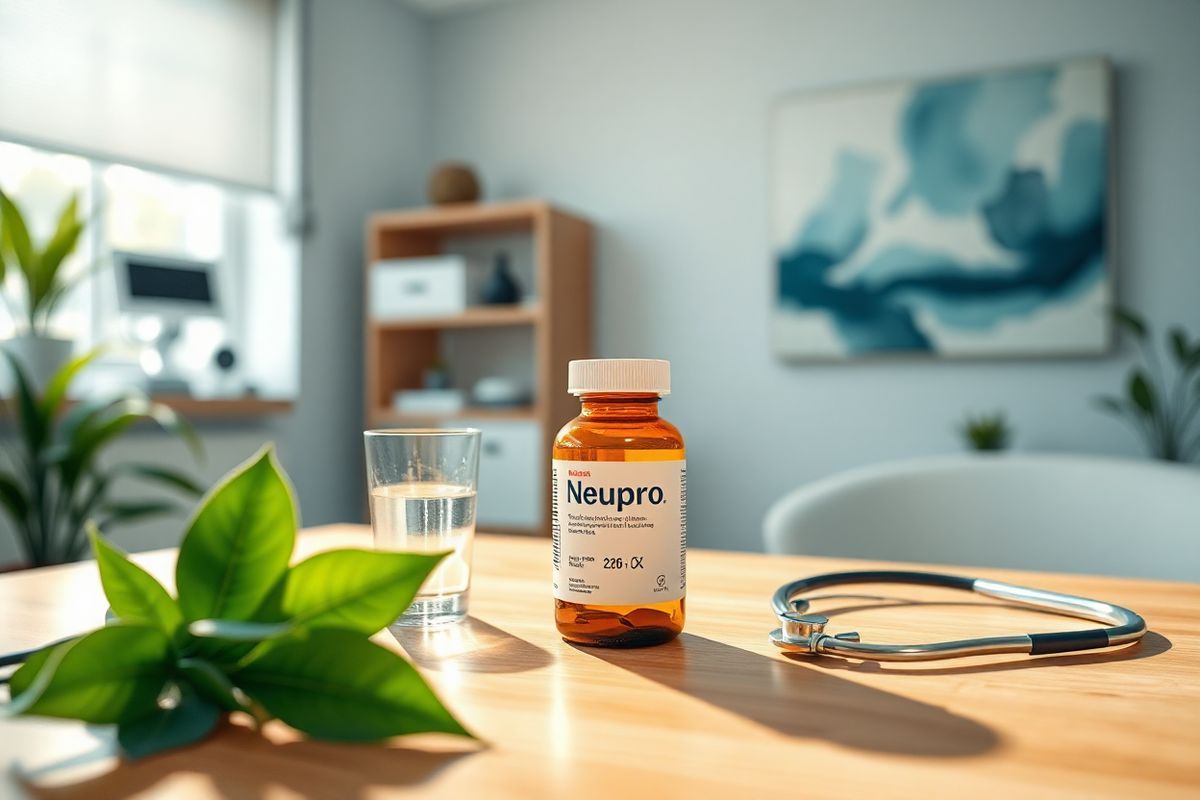 A serene and inviting healthcare setting is depicted, featuring a well-lit consultation room with modern medical equipment subtly placed in the background. The focus is on a polished wooden table in the foreground, adorned with a sleek, elegant prescription bottle of Neupro, its label softly blurred to emphasize the product without revealing any branding. Surrounding the bottle are fresh green leaves and a small glass of water, symbolizing health and wellness. A gentle sunlight filters through a nearby window, casting a warm glow that highlights the calming pastel colors of the room. On the wall, a tasteful abstract art piece in soothing blues and greens adds an element of tranquility, evoking a sense of safety and care. A stethoscope casually drapes over the edge of the table, reinforcing the medical theme while maintaining an approachable atmosphere. Overall, the image encapsulates a sense of professionalism and warmth, inviting viewers to consider the importance of mindful medication management and the role of healthcare providers in ensuring patient safety.