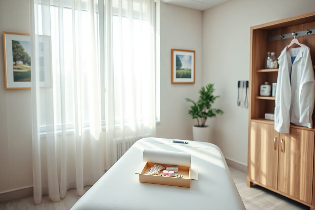 A photorealistic image depicting a serene and inviting healthcare setting is envisioned. The focus is on a well-lit examination room with soft, natural light filtering through large windows adorned with sheer curtains. In the center, a clean and organized medical table is equipped with a rolled white examination paper, a small tray holding sterile instruments, and a comfortable cushion. On the wall, calming pastel colors create a soothing atmosphere, complemented by framed nature photographs that evoke tranquility.   To the side, a wooden cabinet displays neatly arranged medical supplies, including bandages and antiseptic wipes. A small potted plant adds a touch of greenery, symbolizing healing and wellness. In the background, a healthcare provider’s white coat hangs on a hook, hinting at a professional ready to assist patients. The overall composition conveys a sense of safety and trust, inviting individuals to feel at ease as they consider their reproductive health options, particularly related to the insertion and removal of Nexplanon. This image captures the essence of comfort and professionalism in a healthcare environment, making it an ideal visual complement to the information provided.