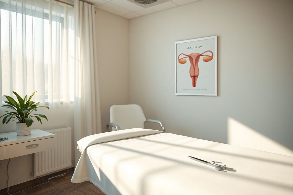 A photorealistic image of a serene, softly lit medical examination room. The focus is on a comfortable examination table covered with a crisp white sheet, flanked by a sleek, modern chair for the patient. On a nearby counter, neatly arranged medical tools glint under the warm overhead lighting. A small, decorative potted plant adds a touch of greenery, creating a calming atmosphere. The walls are painted in a soft pastel shade, enhancing the tranquil vibe of the space. A window with sheer curtains allows natural light to filter in, casting gentle shadows and highlighting the clean lines of the room. In the background, a framed anatomical poster of the human reproductive system is subtly displayed, emphasizing the space’s focus on reproductive health. The overall composition exudes professionalism, comfort, and a welcoming environment for individuals seeking information and assistance regarding birth control options like Nexplanon.