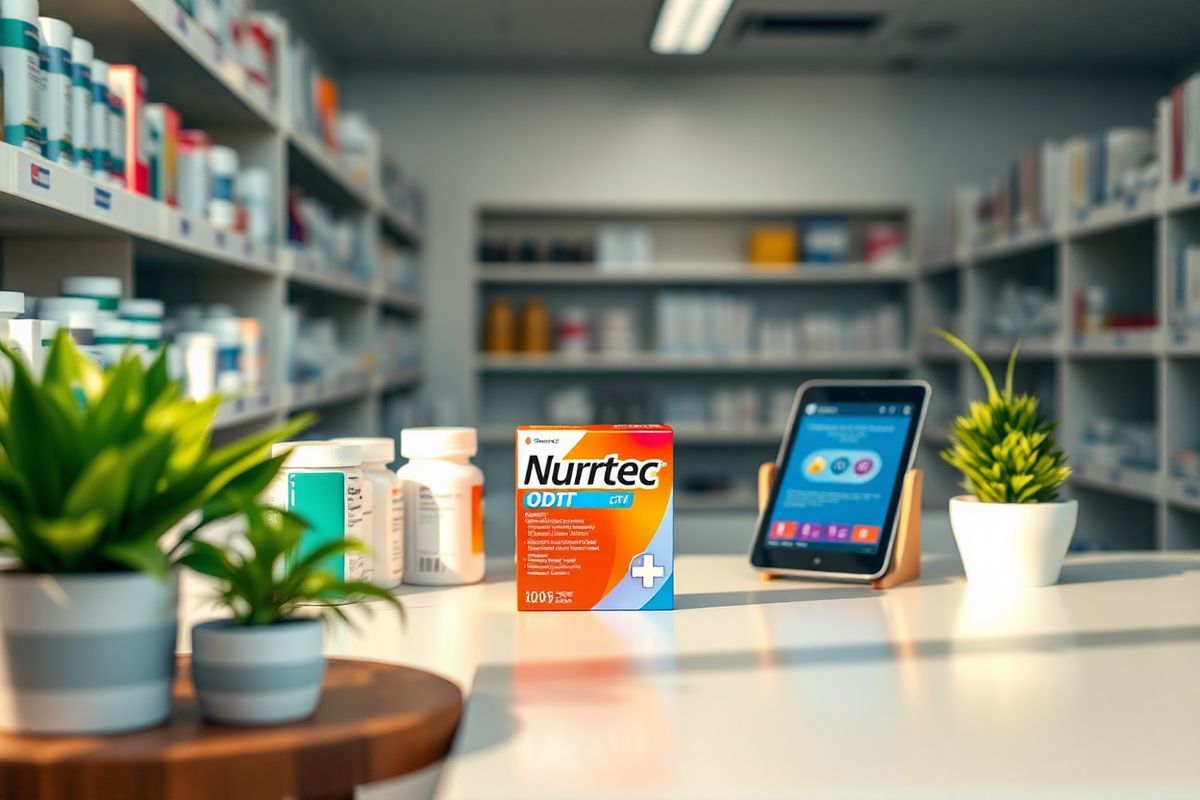 A close-up view of a serene, modern pharmacy shelf lined with neatly arranged medication bottles and boxes. The focus is on a vibrant, branded Nurtec ODT box prominently displayed in the center, surrounded by various other prescription medications, each with unique colors and designs. The background features a soft-focus of a well-lit pharmacy interior, with shelves that extend into the distance, creating a sense of depth. The lighting is warm and inviting, casting gentle shadows that enhance the textures of the packaging. To the side, a small wooden table holds a tablet displaying a healthcare app, symbolizing the importance of medication management and consultations. A few potted green plants add a touch of freshness, contrasting beautifully with the white and pastel colors of the medicine boxes, evoking a sense of health, safety, and responsibility in medication use. The overall composition conveys a blend of professionalism and care, emphasizing the importance of discussing medication interactions with healthcare providers in a calming and informative atmosphere.