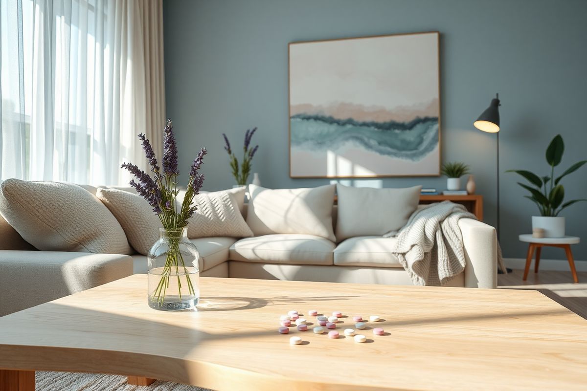 A serene and inviting scene unfolds in a modern, softly lit living room, designed with a calming color palette of muted blues and warm neutrals. In the foreground, a stylish coffee table made of light wood displays a small glass vase filled with fresh lavender and a few scattered, colorful migraine relief pills, artistically arranged. A plush, cream-colored sofa with textured throw pillows invites relaxation, while a cozy knitted blanket drapes over one armrest.   Natural light filters through sheer, flowing curtains, casting gentle shadows across the room. On the wall, a large abstract painting in soft pastels evokes a sense of tranquility, reflecting the inner peace sought by migraine sufferers. To the side, a small bookshelf holds an assortment of wellness books and a few potted plants, adding a touch of life to the space.   In the background, a stylish lamp with a warm glow enhances the peaceful atmosphere, inviting the viewer to imagine a moment of respite from the turmoil of migraine pain. This image captures the essence of comfort and relief, echoing the therapeutic effects of medications like Nurtec ODT in a visually soothing environment.