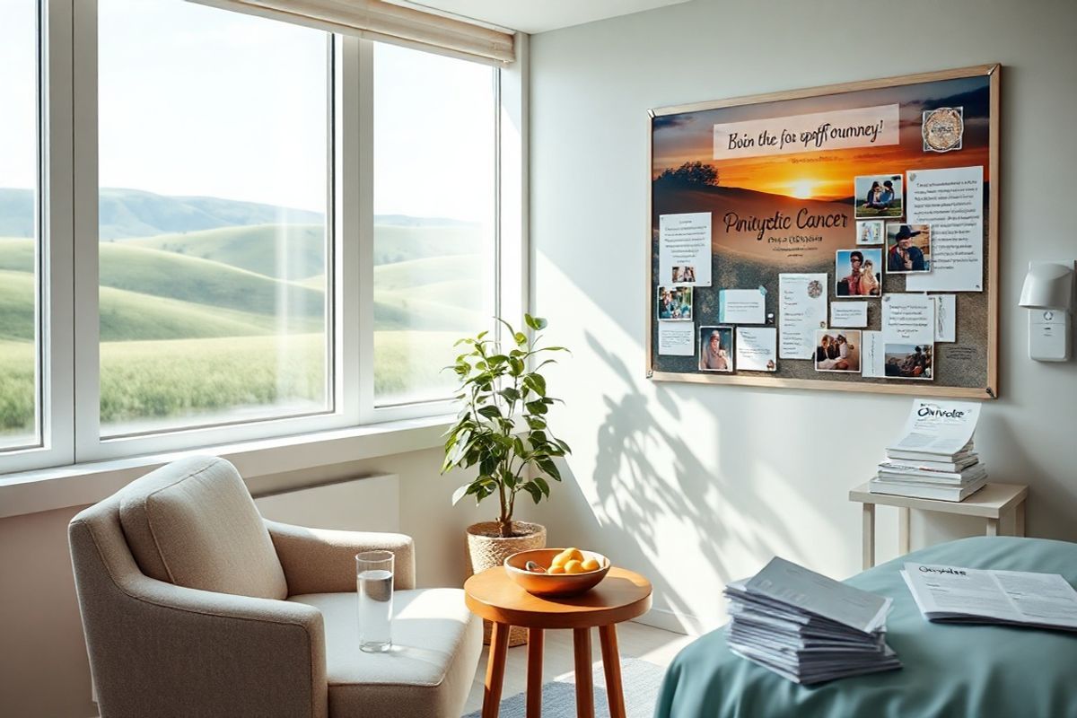 A serene and inviting clinical setting is depicted, featuring a cozy patient room bathed in soft, natural light streaming through large windows. The room is adorned with calming colors, such as pale blues and greens, creating a soothing atmosphere. In the center of the room, a plush armchair is positioned next to a small wooden table, where a glass of water and a bowl of fresh fruit sit invitingly. A potted plant with lush green leaves adds a touch of nature, symbolizing hope and healing. On the wall, a beautiful landscape painting of rolling hills and a tranquil sunset evokes a sense of peace. A bedside table holds essential medical supplies, including a stethoscope and a neatly arranged stack of informational brochures about Onivyde and its side effects. In the background, a large bulletin board displays encouraging notes and photos from support groups, fostering a sense of community and resilience. The overall ambiance is warm and comforting, providing a visual representation of support, care, and the journey of patients facing pancreatic cancer treatment.