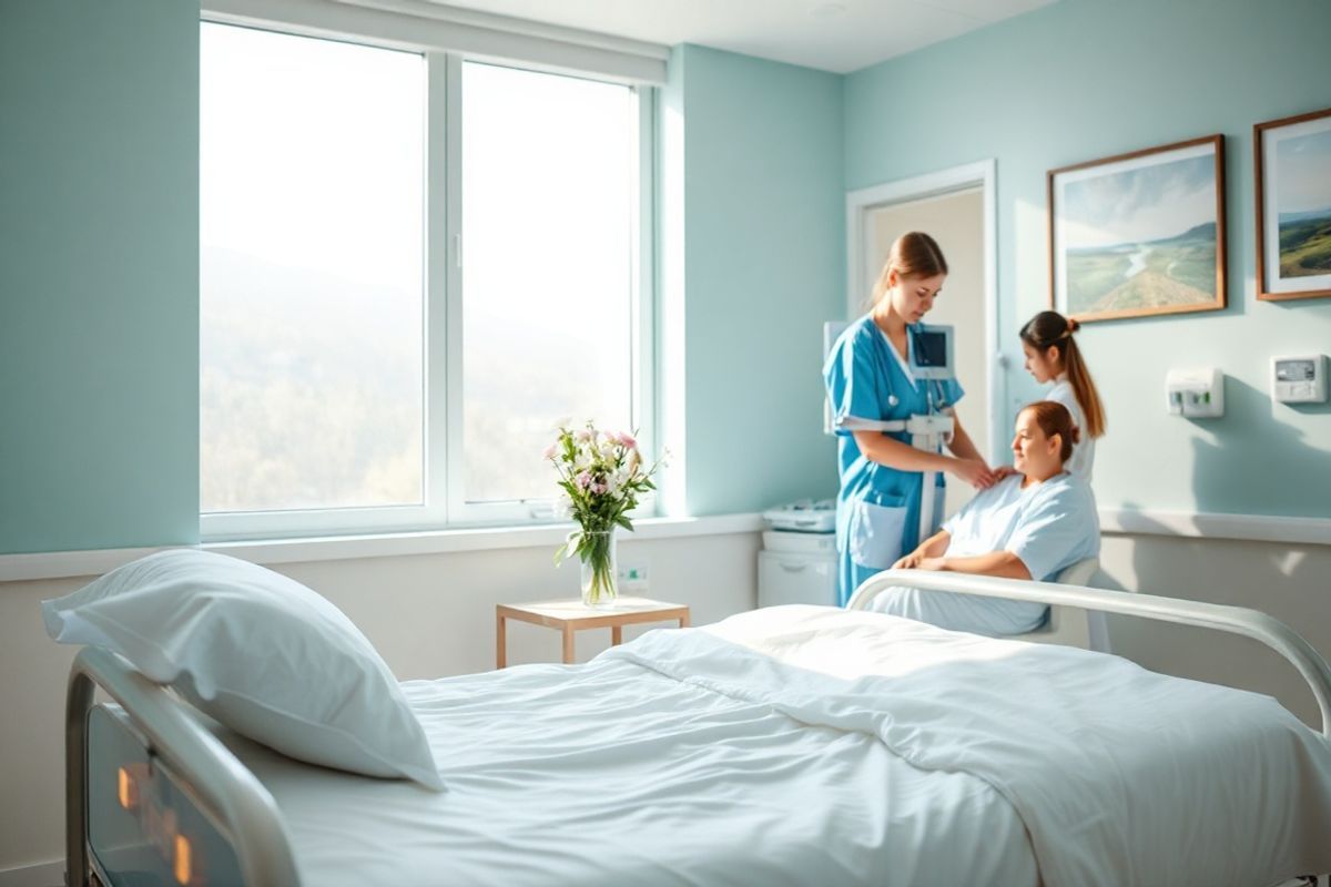 A serene and photorealistic image of a bright and inviting hospital room, featuring a large window with soft natural light streaming in. The room is adorned with calming colors, predominantly light blues and greens, creating a peaceful atmosphere. In the foreground, a comfortable hospital bed is made with crisp white linens, complemented by a few decorative pillows that add a touch of warmth. A small bedside table holds a vase of fresh flowers, symbolizing hope and healing. On the wall, there are framed images of nature, showcasing tranquil landscapes that evoke a sense of serenity. A sleek medical monitor is subtly positioned, indicating the room is equipped with the necessary medical technology. In the background, a caring nurse is gently interacting with a patient, conveying a sense of compassion and support. The overall composition radiates a feeling of safety and comfort, illustrating a nurturing environment for patients undergoing treatment for pancreatic cancer. The image encapsulates the importance of care and support, making it an ideal visual representation to accompany the discussion of Onivyde and its impact on patients.