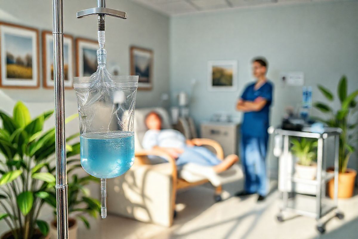 A serene and inviting healthcare setting bathed in soft, natural light, featuring a modern infusion room. In the foreground, an elegant intravenous drip stand holds a clear bag of Poteligeo, delicately suspended, with the medication’s light blue hue visible against the transparent backdrop. The background showcases a comfortable reclining chair where a patient is gently resting, surrounded by calming decor—framed nature photographs and soothing pastel colors adorning the walls. A healthcare professional, dressed in scrubs, attentively monitors the patient, displaying a watchful yet compassionate demeanor. Nearby, a sleek medical cart is stocked with essential supplies, including syringes and safety equipment. Potted plants with vibrant green leaves add a touch of life to the tranquil atmosphere, while soft ambient lighting casts a warm glow throughout the room, creating a sense of peace and reassurance. This image captures the essence of care and professionalism in a therapeutic environment, embodying the supportive and healing qualities necessary for patients undergoing treatment.