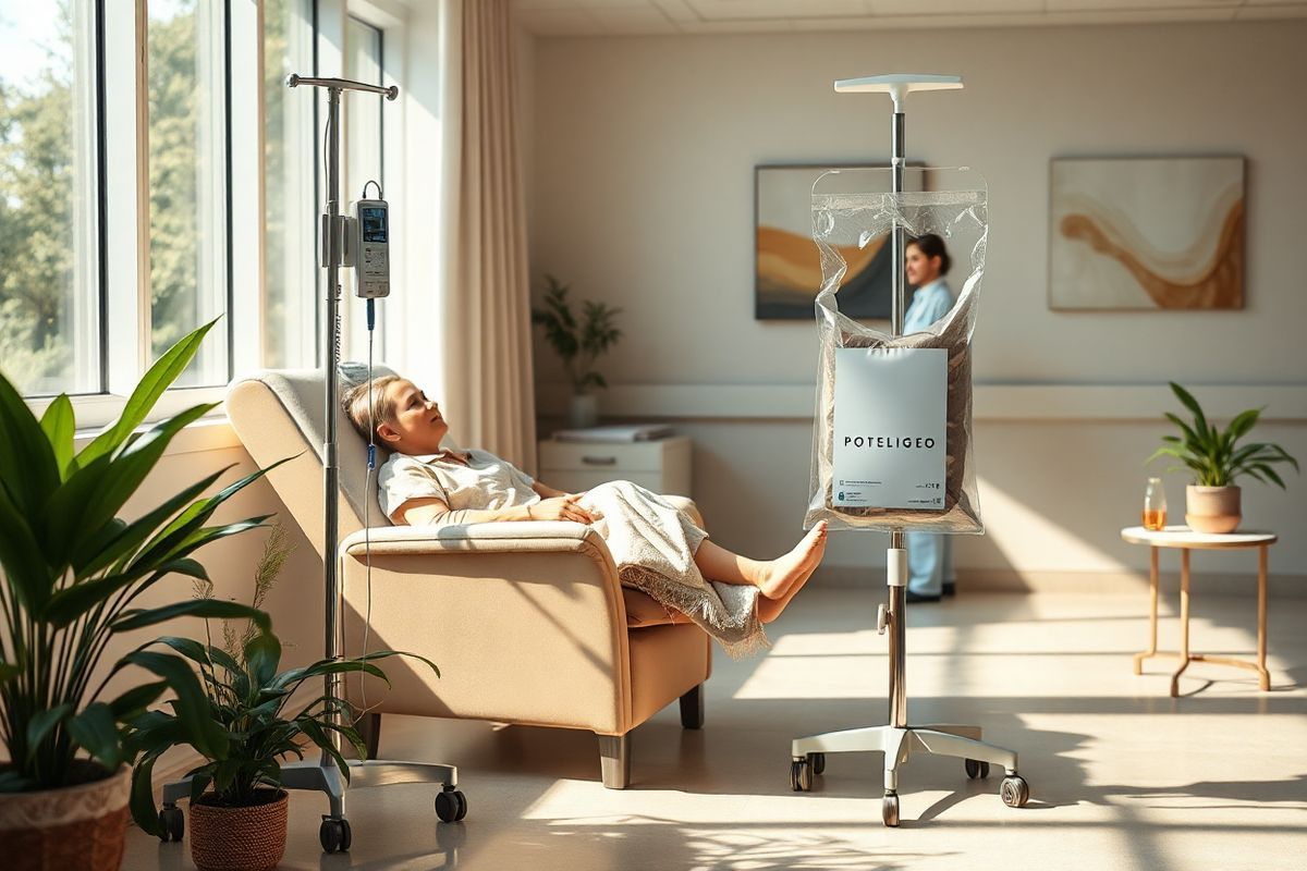 A photorealistic image depicting a serene hospital infusion room, bathed in soft, natural light streaming through large windows. The room features a comfortable reclining chair where a patient sits, appearing calm and at ease, with a cozy blanket draped over their legs. An IV stand is positioned nearby, elegantly displaying the Poteligeo infusion bag, its label visible but devoid of any text. Surrounding the chair are soothing elements—potted green plants, a small table with a steaming cup of herbal tea, and a subtle abstract artwork on the wall that adds a touch of color without being overwhelming. The atmosphere conveys a sense of hope and healing, with warm tones and gentle shadows enhancing the overall feeling of tranquility. In the background, a healthcare professional is seen attentively monitoring the patient, embodying care and support. The combination of these elements creates a peaceful environment that reflects the significance of Poteligeo as a treatment option, emphasizing the importance of patient experience and comfort during their therapy.