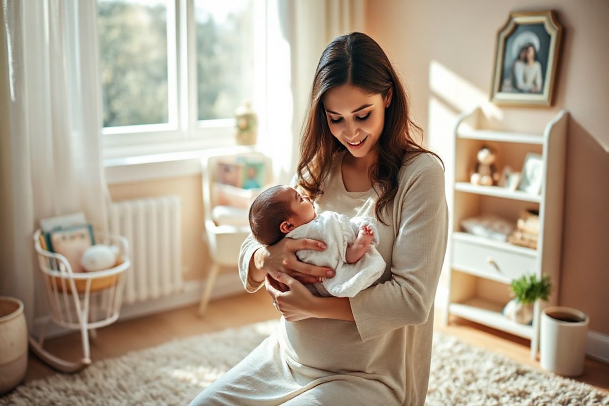 A serene and intimate scene of a new mother cradling her infant in a softly lit nursery. The room is adorned with warm, pastel colors, featuring a cozy rocking chair and a plush, neutral-toned rug. Sunlight streams through a window, casting gentle shadows and creating a soothing atmosphere. The mother, with a peaceful expression, gently gazes down at her baby, who is comfortably nestled in her arms. A small, elegant bookshelf in the background holds an array of children’s books and plush toys, adding a touch of whimsy to the environment. A framed picture of a family hangs on the wall, symbolizing love and connection. Nearby, a small potted plant adds a hint of greenery, enhancing the overall warmth of the room. The focus is on the bond between mother and child, capturing the essence of nurturing and the beauty of breastfeeding, while also subtly hinting at the importance of mental health and well-being during this precious time. The overall composition evokes feelings of calmness, love, and the joy of motherhood.