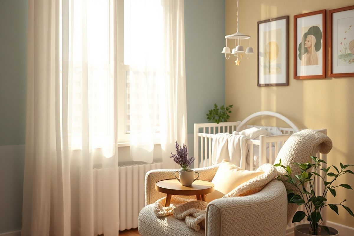 A serene and inviting scene unfolds in a softly lit room, where a cozy, plush armchair sits beside a large window adorned with sheer white curtains that gently flutter with the breeze. Sunlight filters through, casting warm golden rays across a small wooden side table, which holds a steaming cup of herbal tea and a delicate vase filled with fresh lavender. In the background, a peaceful nursery is visible, featuring a crib draped in soft pastel bedding and a mobile of whimsical clouds and stars gently swaying overhead. The walls are painted in soothing shades of light blue and pale yellow, decorated with framed nature prints that evoke a sense of tranquility. A lush green potted plant in the corner adds a touch of life to the space, while a plush, knitted blanket drapes casually over the armchair, inviting relaxation. This image captures the essence of comfort, nurturing, and mental well-being, creating a harmonious atmosphere that reflects the importance of maternal mental health during pregnancy.