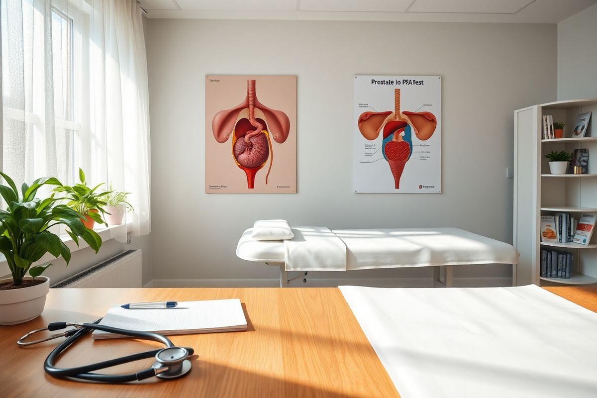 The image depicts a serene and inviting healthcare setting, featuring a well-lit examination room with soft, neutral tones. In the foreground, a wooden desk is neatly organized with a stethoscope, a notepad, and a pen, symbolizing the importance of patient-provider discussions. On the wall, a vibrant anatomical poster of the male reproductive system is displayed, highlighting the prostate and its relation to the PSA test. A comfortable examination table is positioned in the background, adorned with a clean white paper cover, inviting patients to feel at ease. Natural light filters in through a large window adorned with sheer curtains, casting a warm glow across the room. Potted plants on the windowsill add a touch of greenery, enhancing the calming atmosphere. In one corner, a small bookshelf holds medical reference books and pamphlets about prostate health, emphasizing the importance of education and awareness. The overall ambiance conveys professionalism, accessibility, and a commitment to patient care, aligning perfectly with the themes of informed decision-making and proactive health management in men’s health.