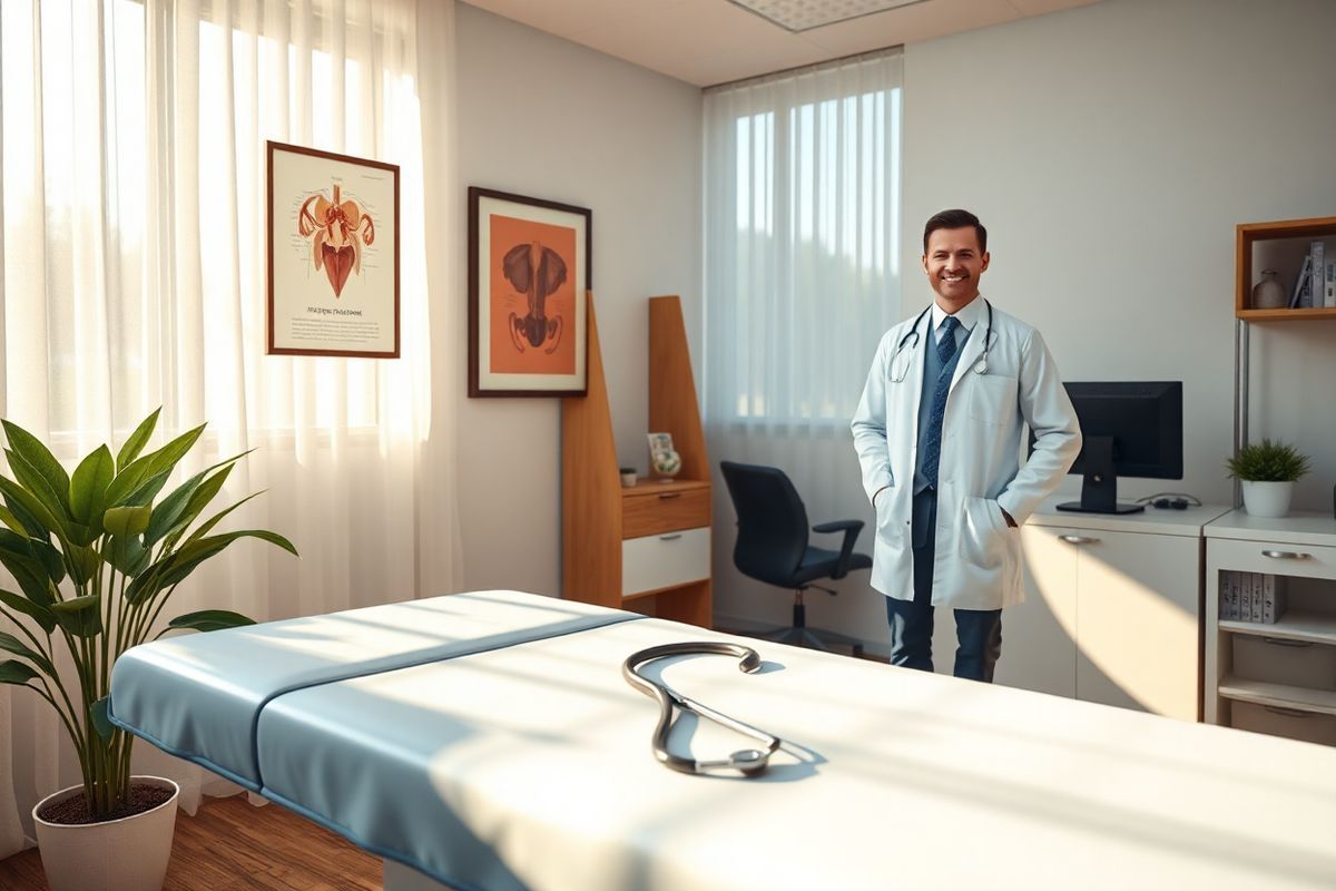 A serene and inviting healthcare setting is depicted in this photorealistic image. The scene features a modern medical office, with a comfortable examination room bathed in warm, natural light streaming through large windows adorned with sheer white curtains. In the foreground, there is a sleek examination table covered with a soft, light blue sheet, and a stethoscope casually draped over the side.   On the wall, a framed anatomical illustration of the male reproductive system adds an educational touch, while a potted plant in the corner brings a hint of nature indoors. A wooden shelf holds medical pamphlets about prostate health and cancer screening, inviting patients to engage in their health journey.   In the background, a friendly healthcare provider, dressed in a crisp white lab coat, stands by a desk with a computer, smiling warmly. The overall atmosphere conveys a sense of trust, care, and professionalism, emphasizing the importance of open conversations about health decisions. This image encapsulates the essence of shared decision-making in healthcare, particularly regarding men’s health and PSA testing.